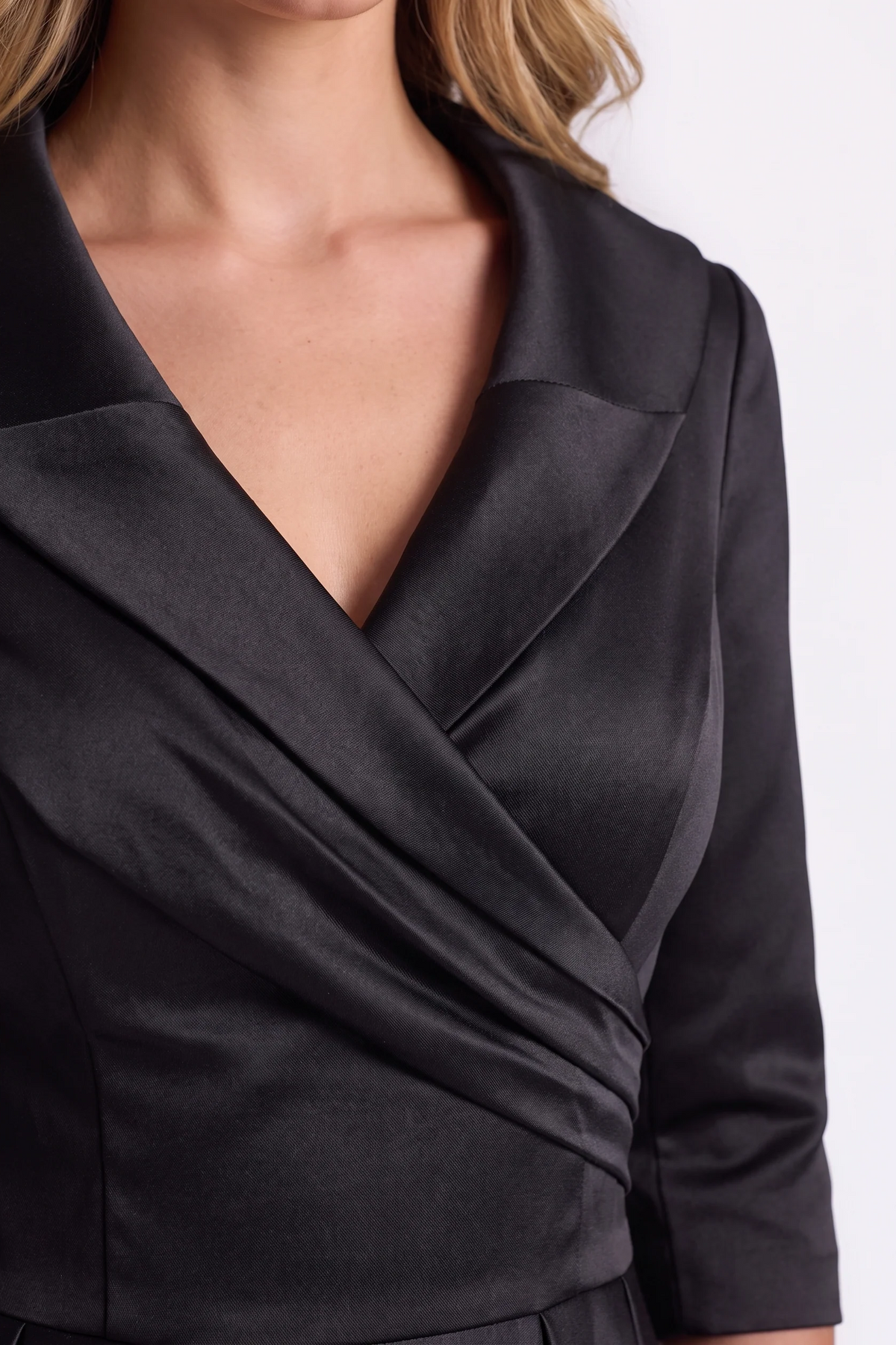 Odette Wrap-Collar Satin Midi Dress in Black - collar close-up