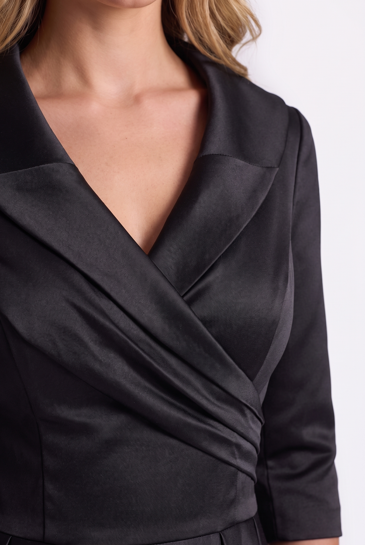 Odette Wrap-Collar Satin Midi Dress in Black, fabric and collar detail close-up