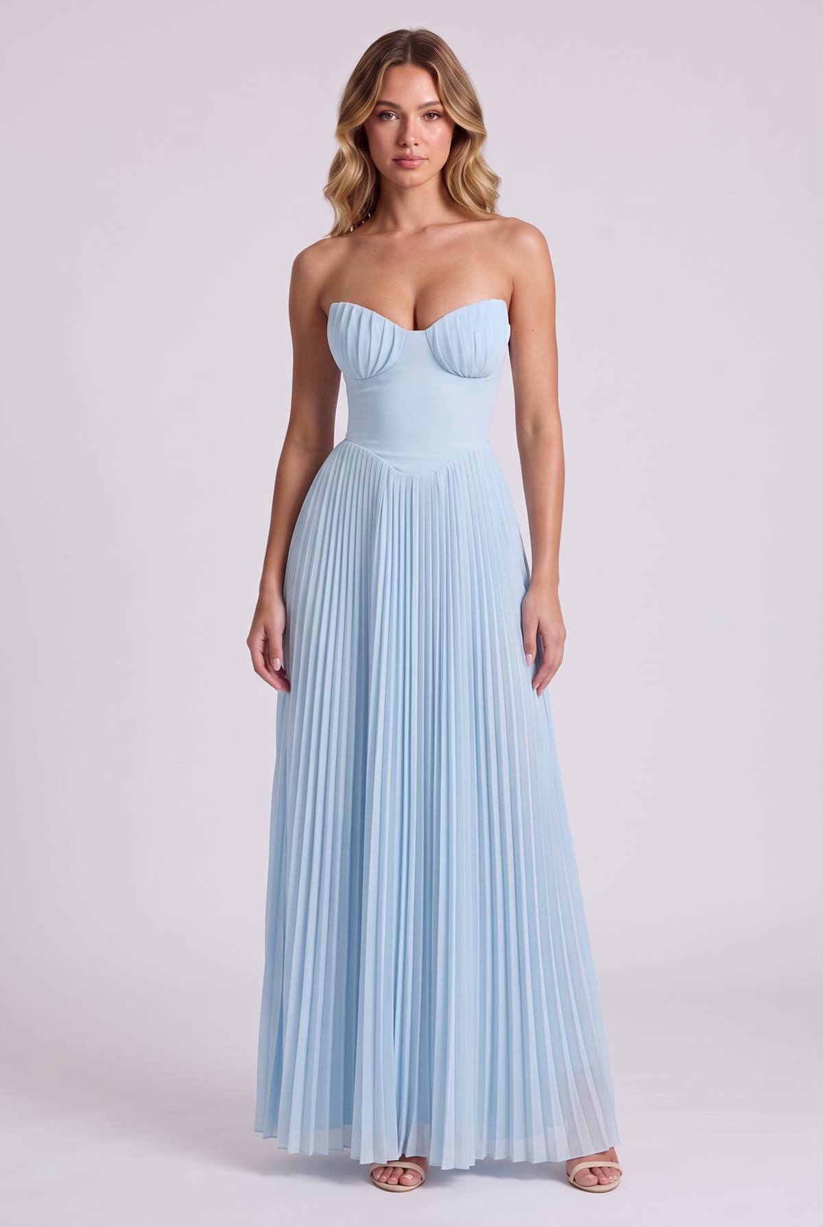 Marina Pleated Maxi Dress - Baby Blue - Front