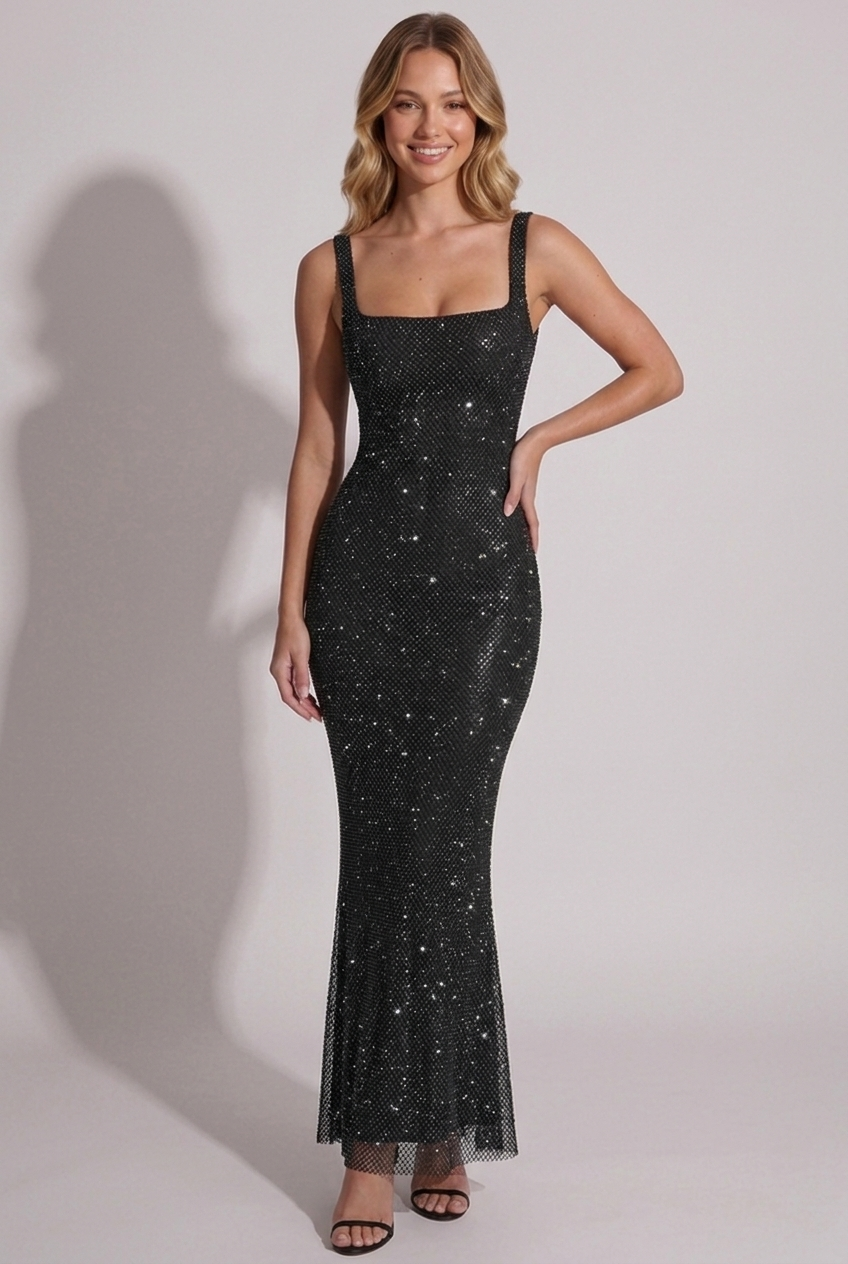 Celestia Rhinestone Gown Black front