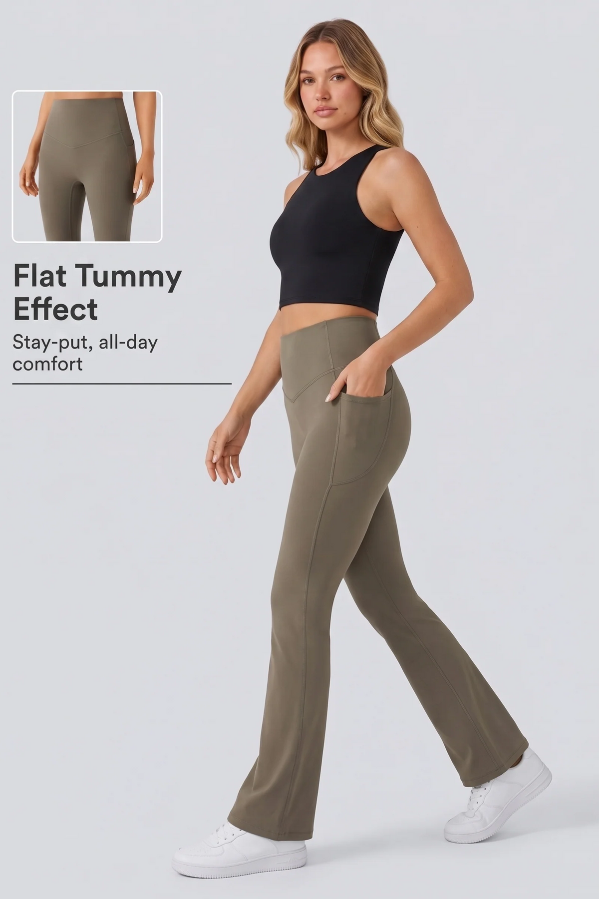 Harlow Bootcut Leggings in Dawn Brown - flat tummy detail
