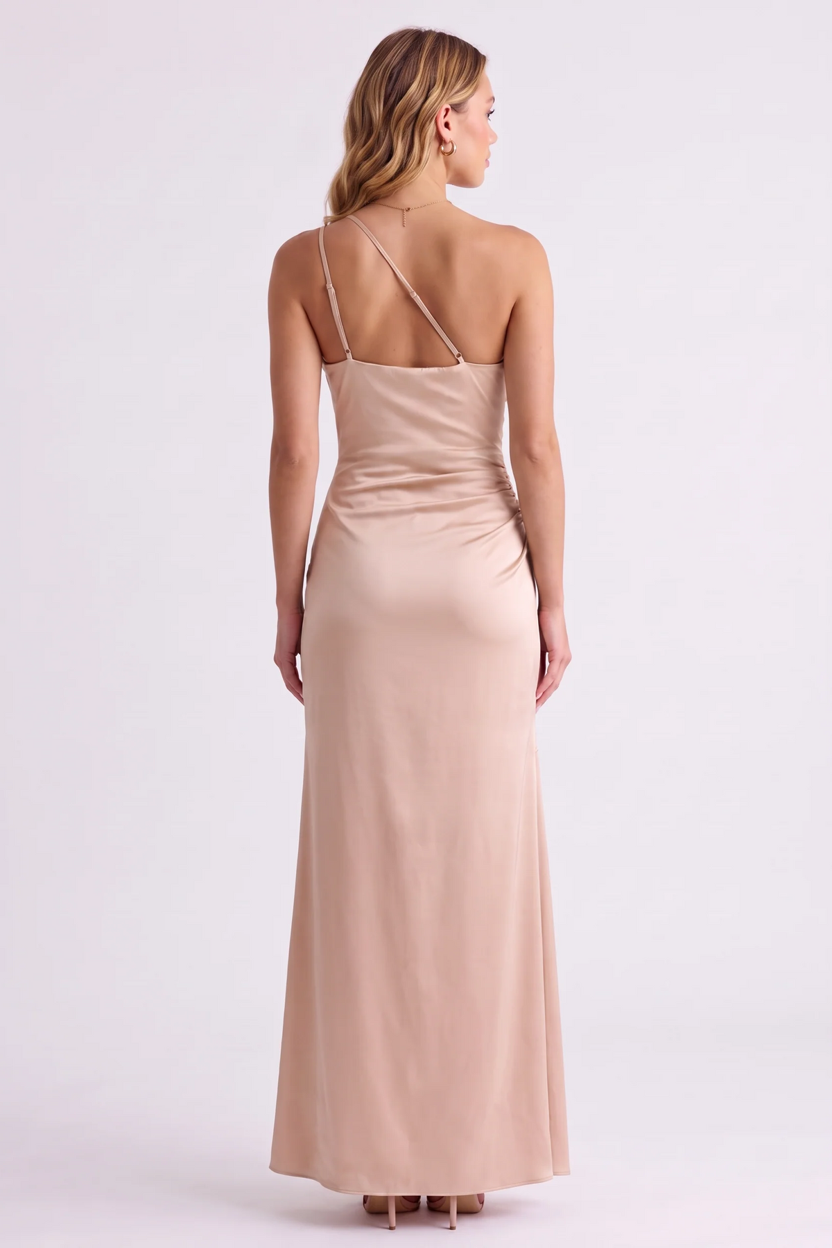 Serena One-Shoulder Satin Gown in Champagne - back view