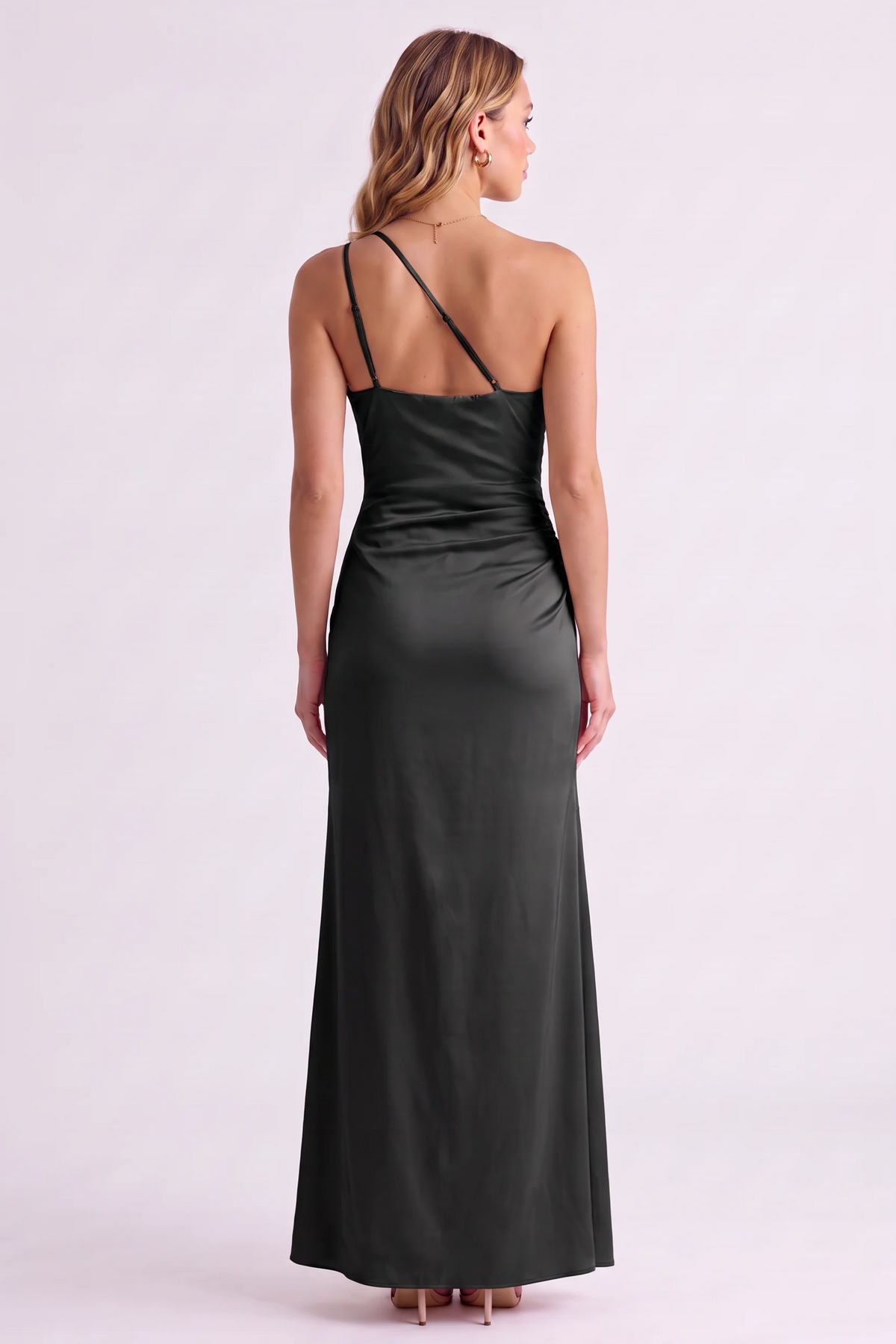 Serena One-Shoulder Satin Gown in Black - back view