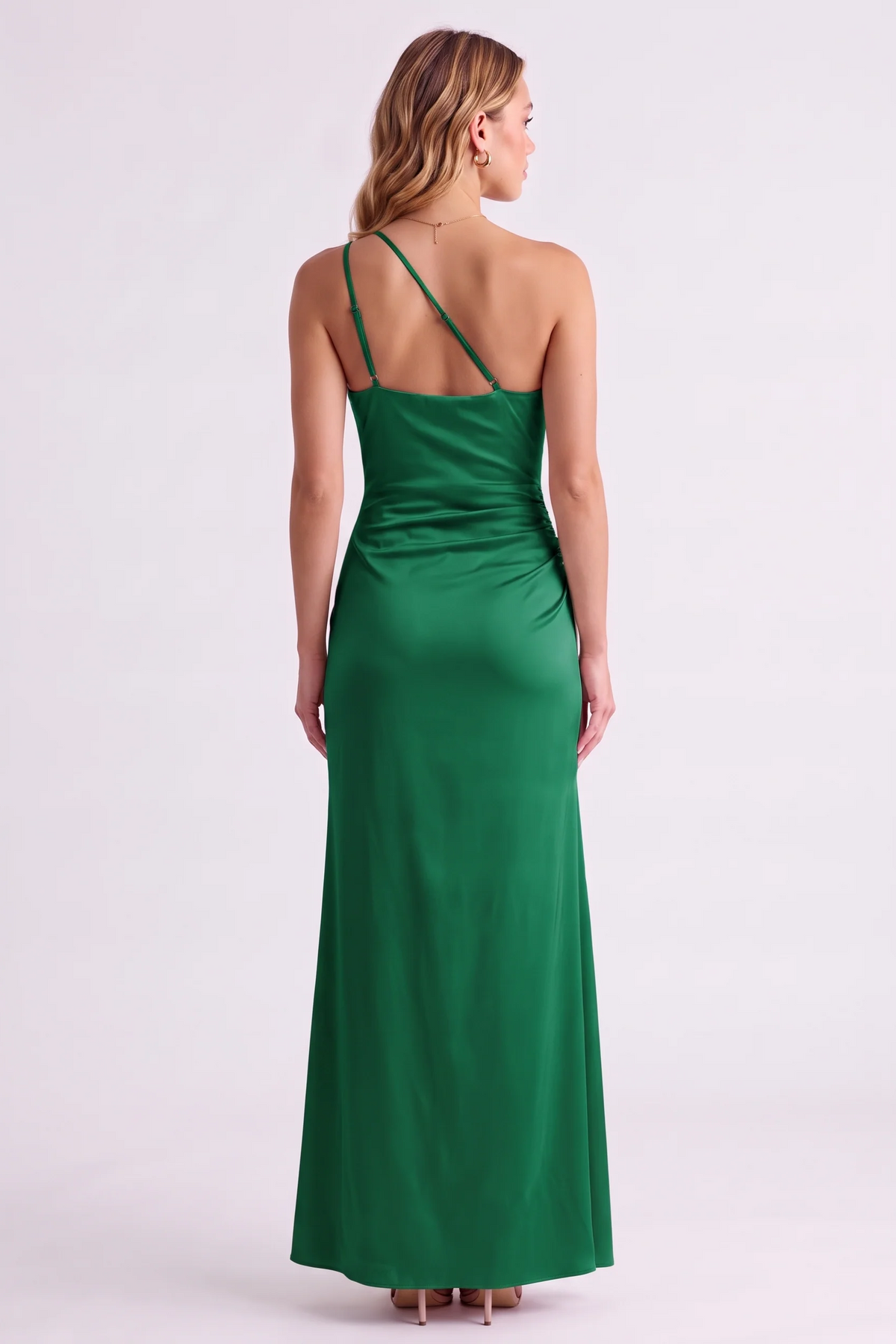 Serena One-Shoulder Satin Gown in Green - back view