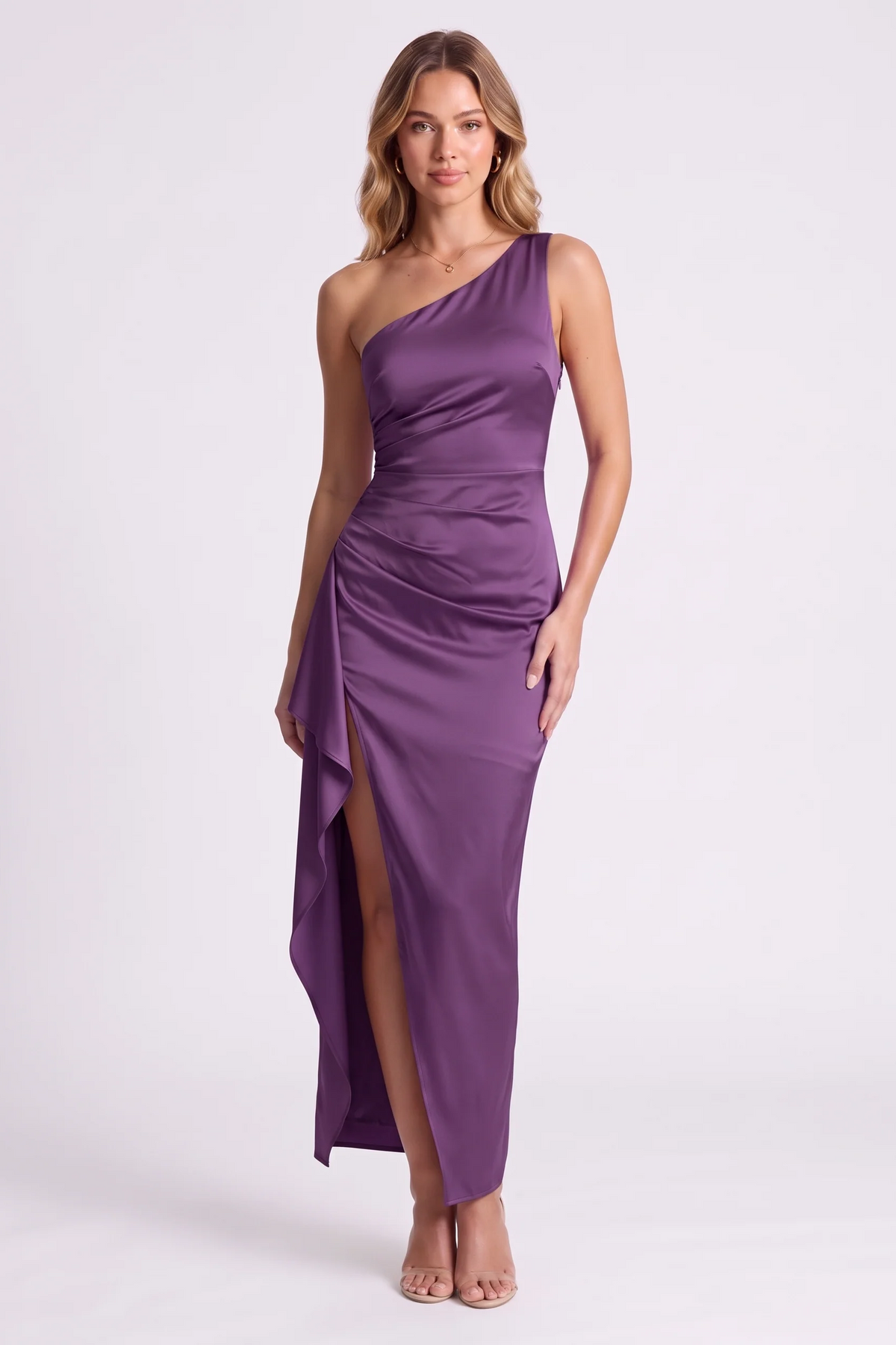 Serena One-Shoulder Satin Gown in Purple - front view