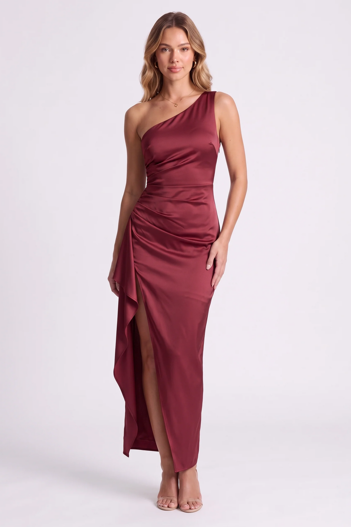 Serena One-Shoulder Satin Gown in Wine Red - front view