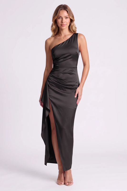 Serena One-Shoulder Satin Gown in Black - front view