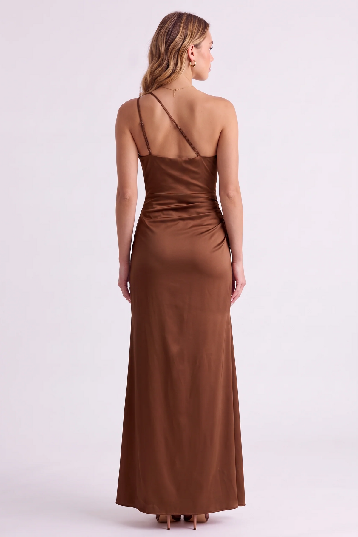 Serena One-Shoulder Satin Gown in Brown - back view