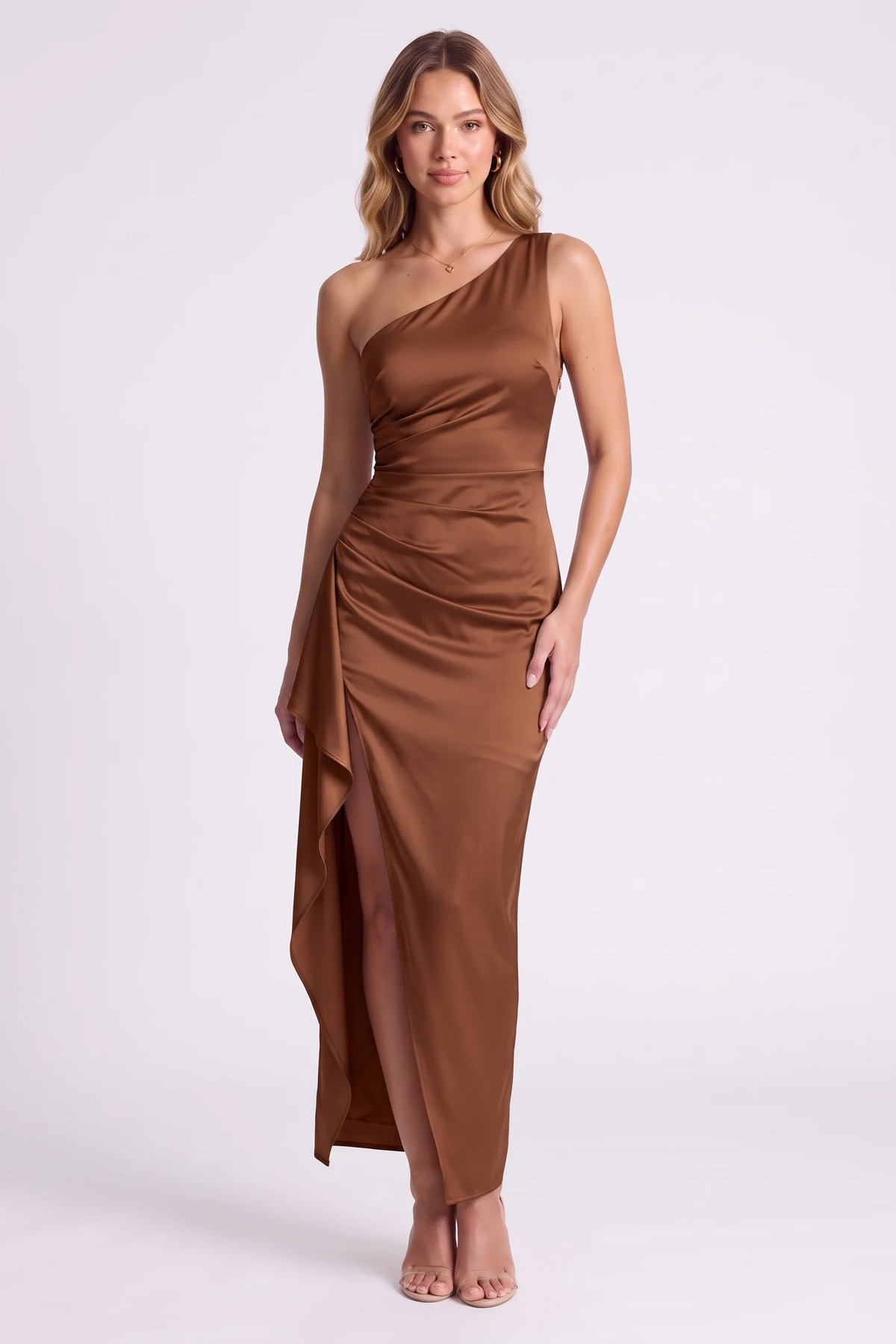 Serena One-Shoulder Satin Gown in Brown - front view