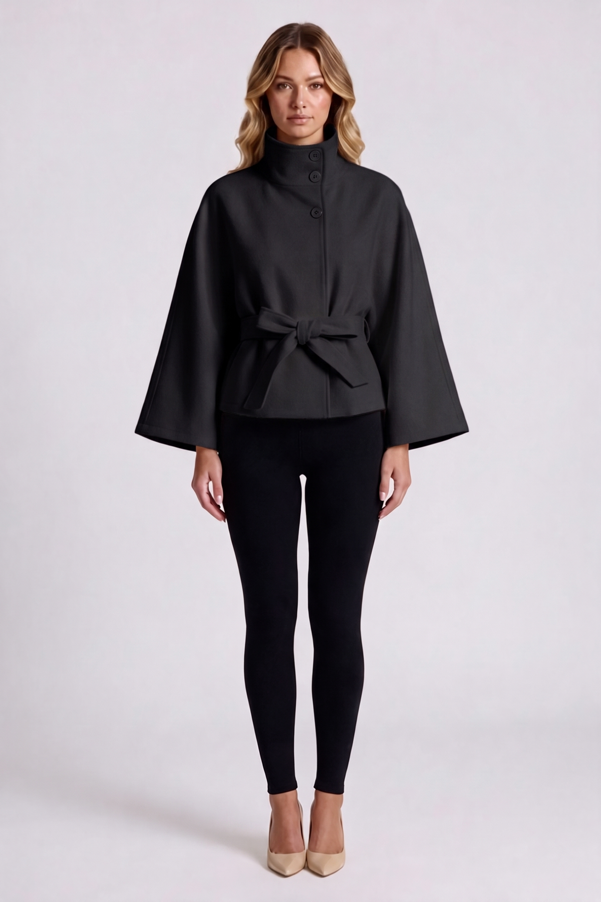 Solene Belted Cape in Black - front view