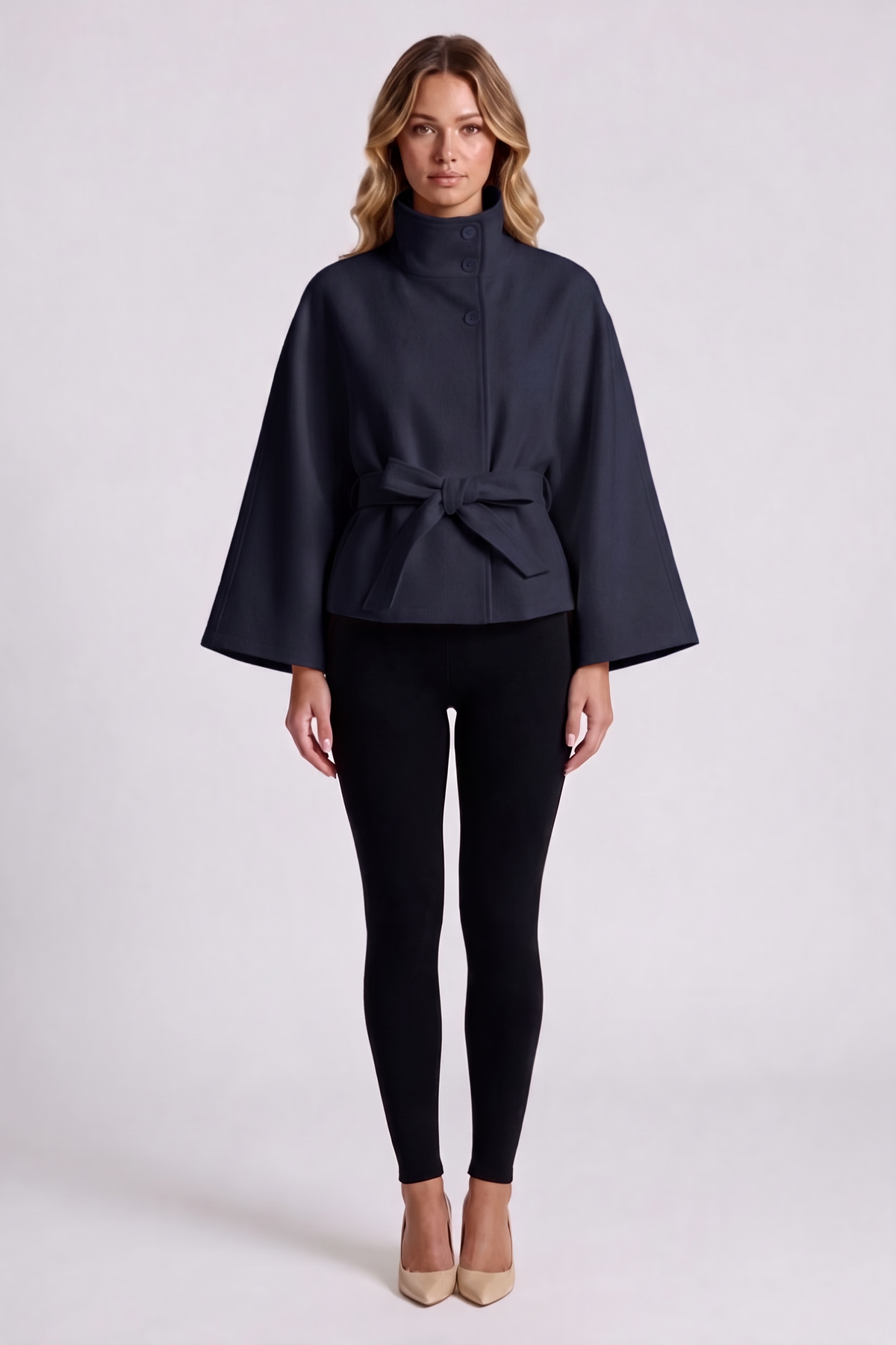 Solene Belted Cape in Navy Blue - front view