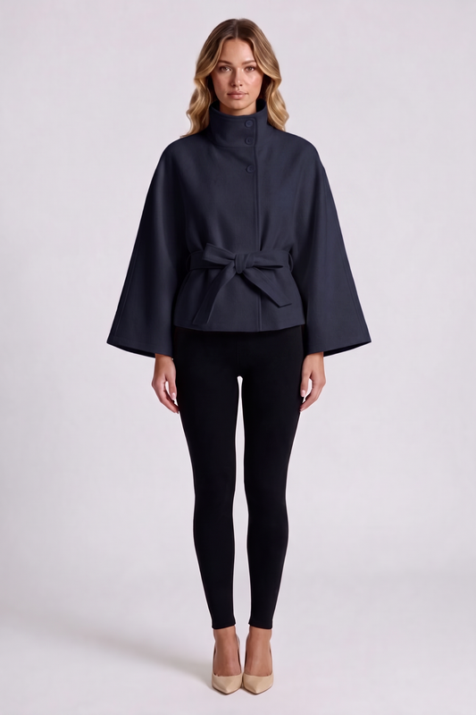 Solene Belted Cape in Navy Blue - front view