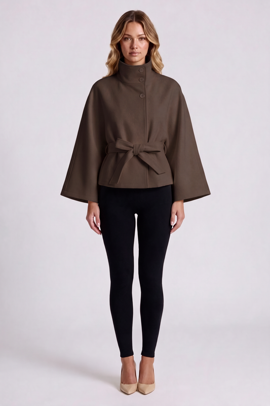 Solene Belted Cape in Brown - front view