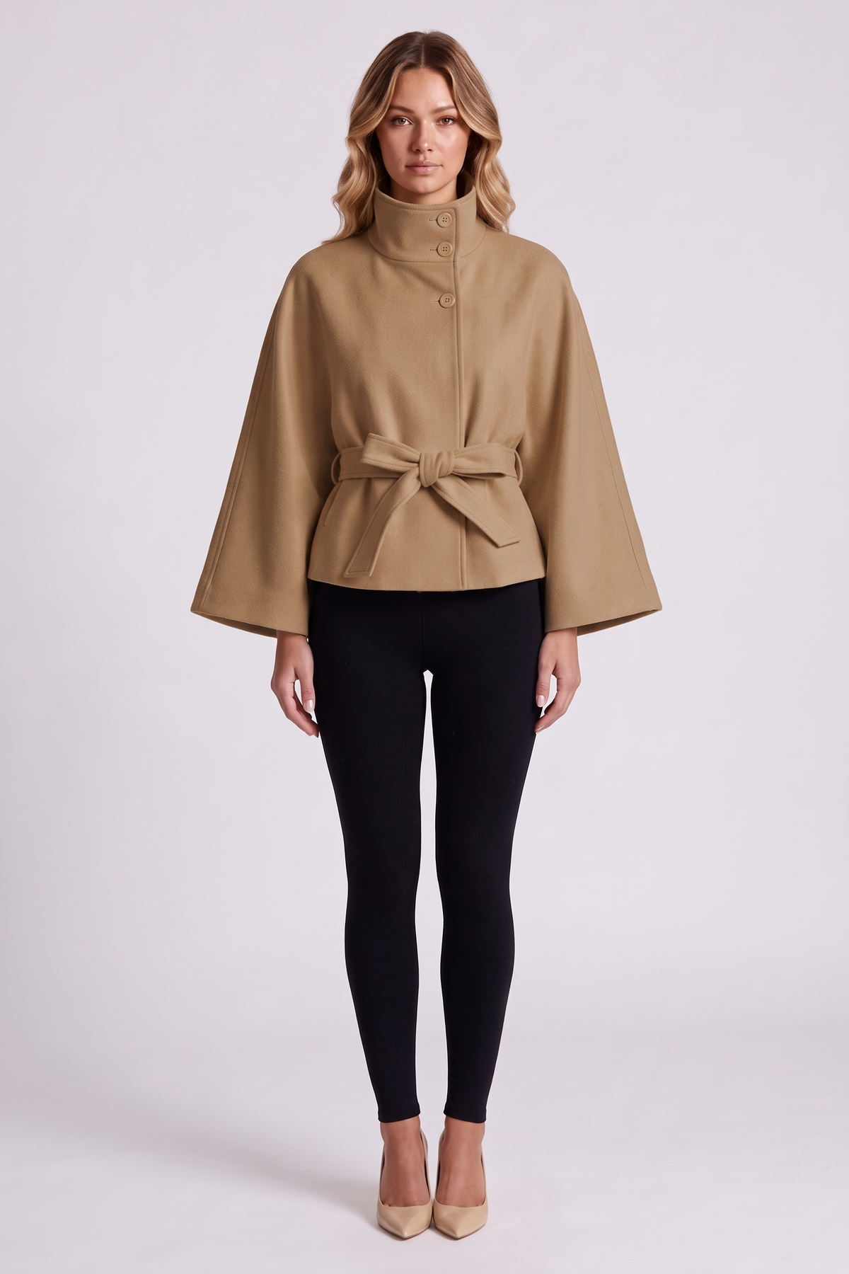 Solene Belted Cape in Camel - front view