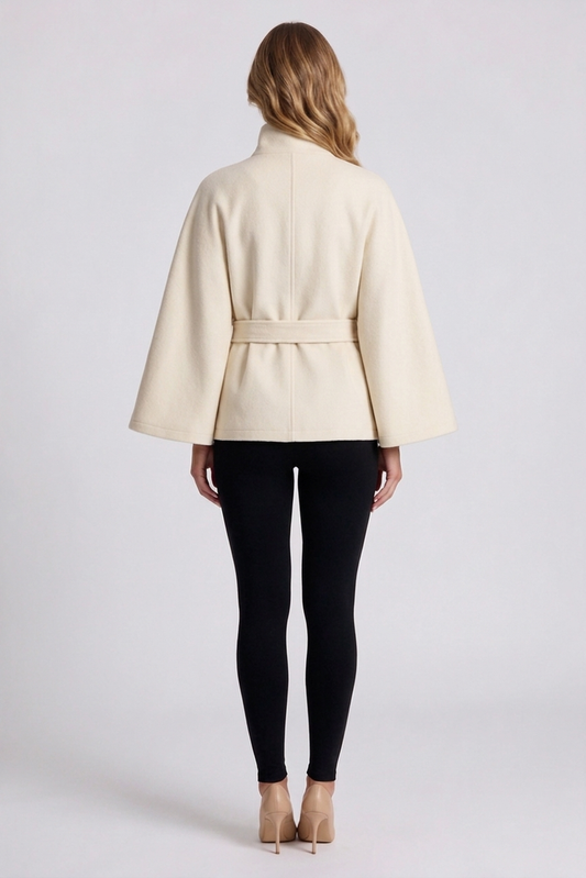 Solene Belted Cape in Beige - back view