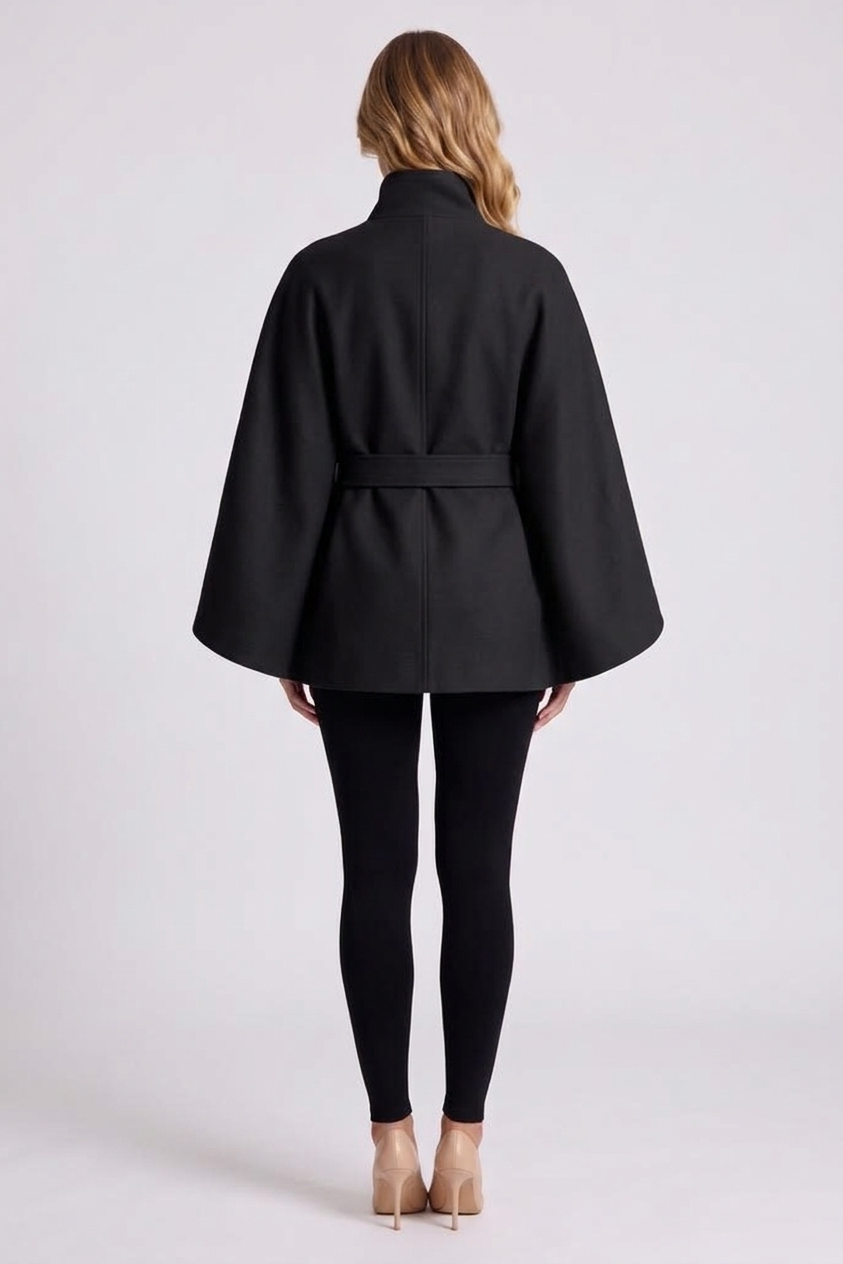 Solene Belted Cape - Black - back view