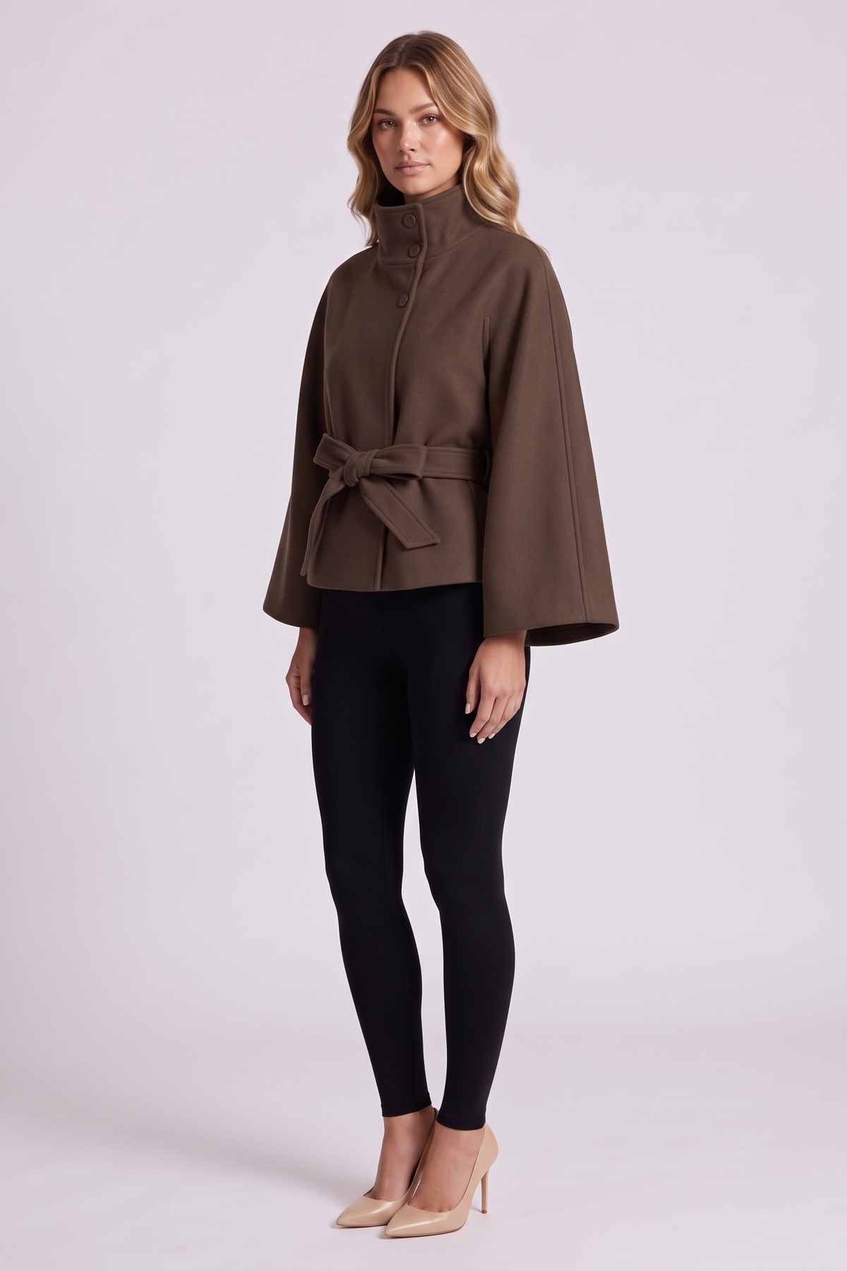 Solene Belted Cape in Brown - front view, belted