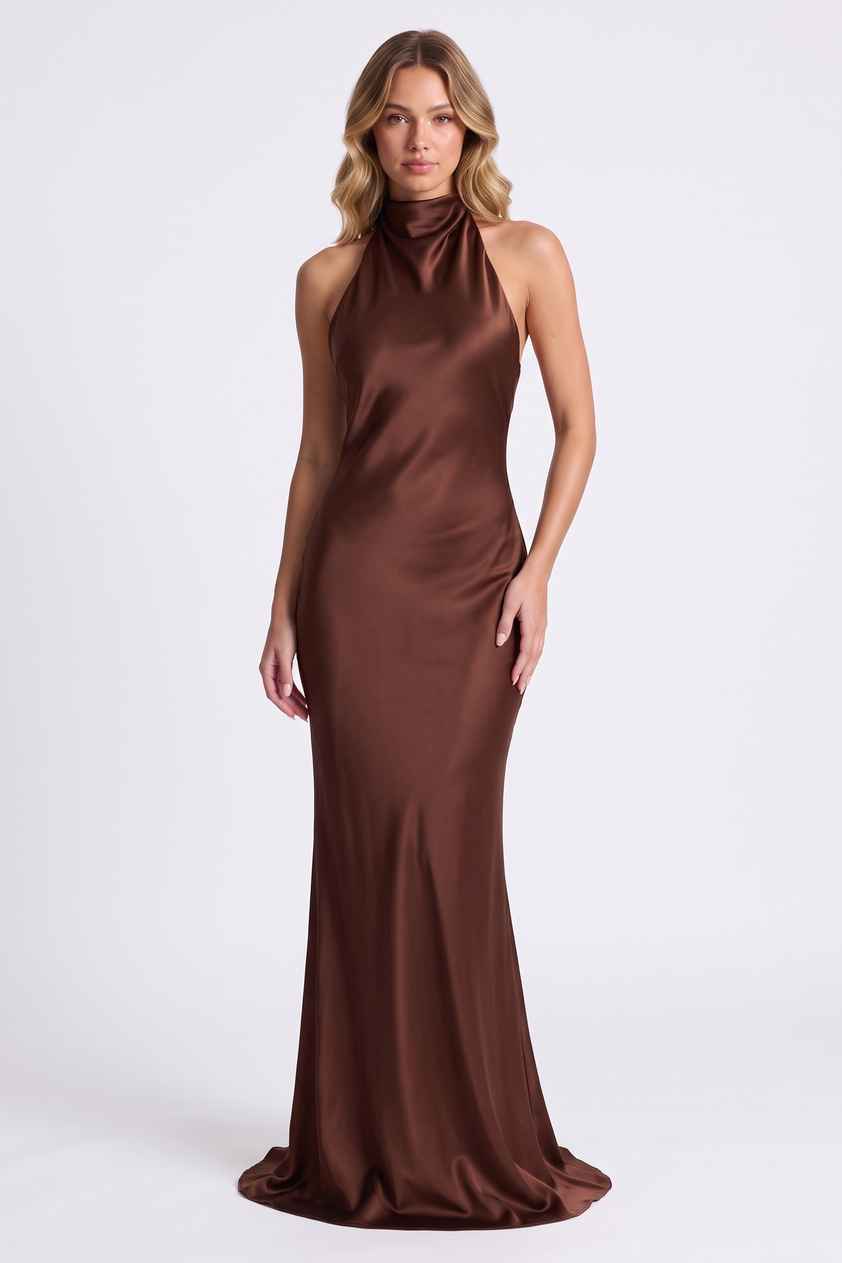 Aurelia Column Gown in Brown, front view