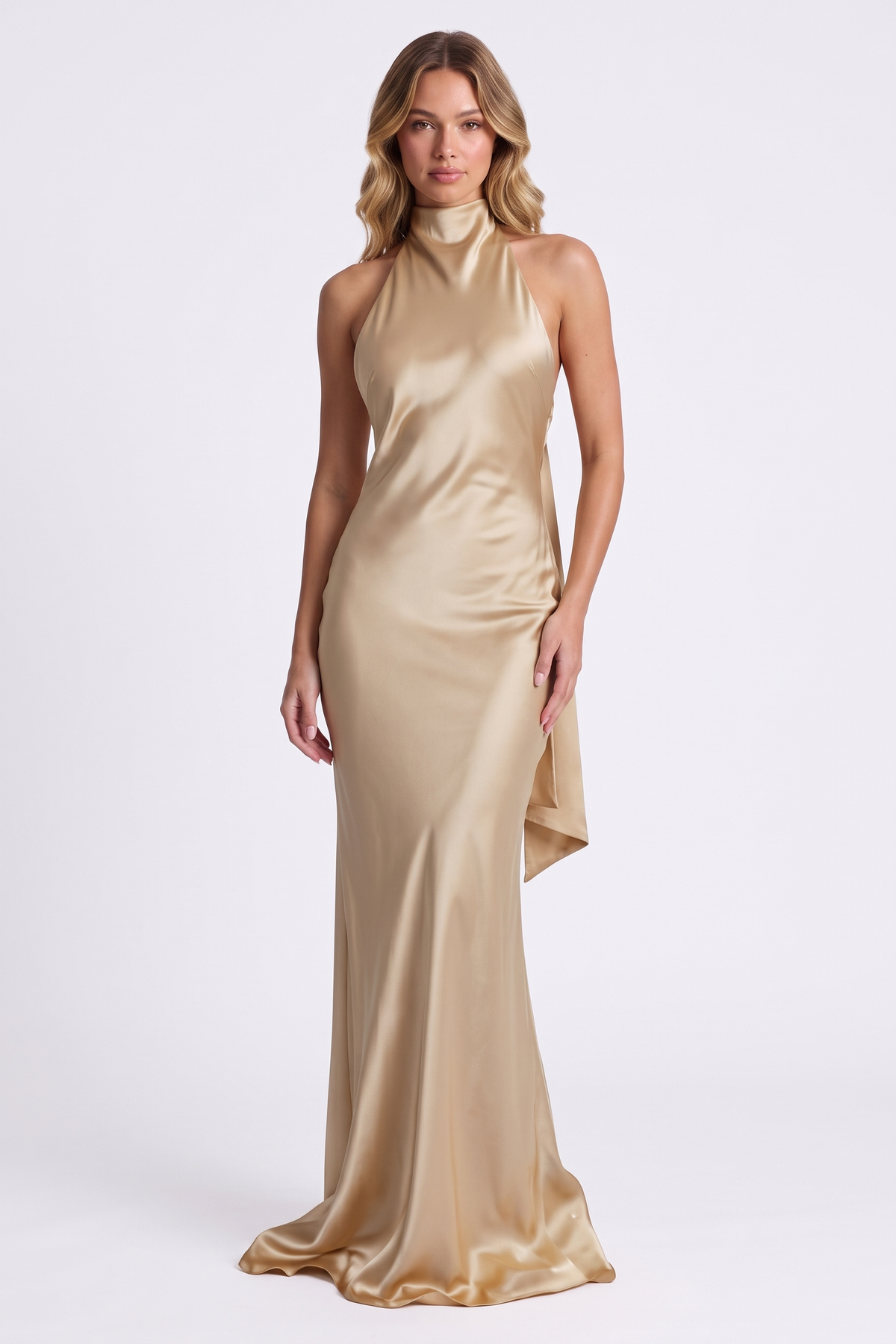 Aurelia Column Gown in Champagne Gold, front view