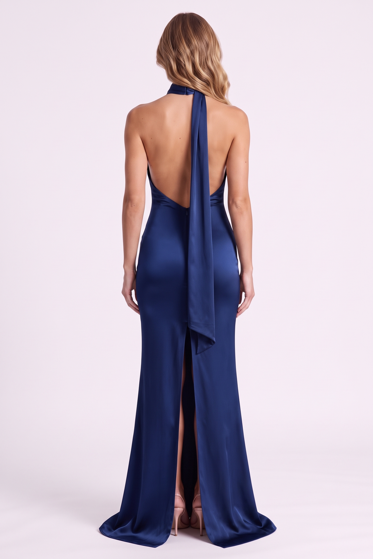 Aurelia Column Gown in Navy Blue, back view with knee-high slit