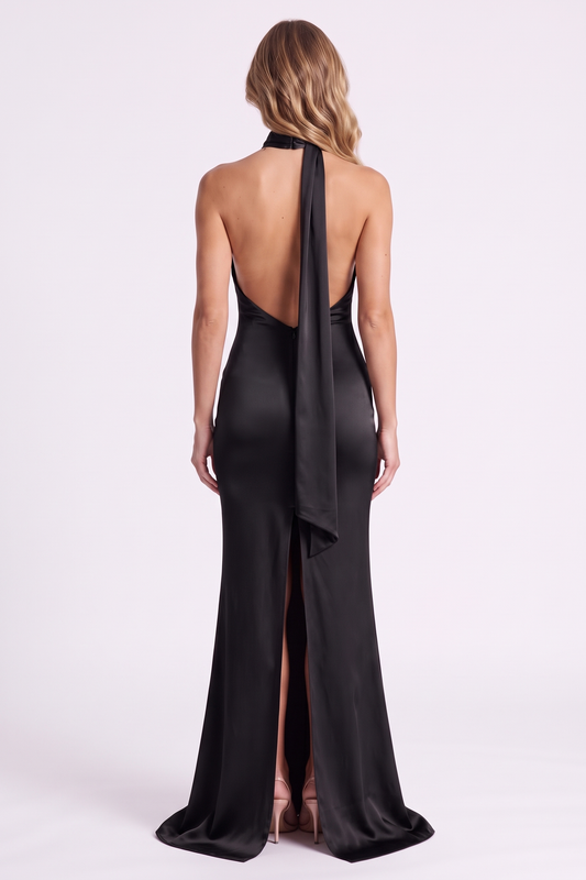 Aurelia Column Gown in Black, back view with knee-high slit