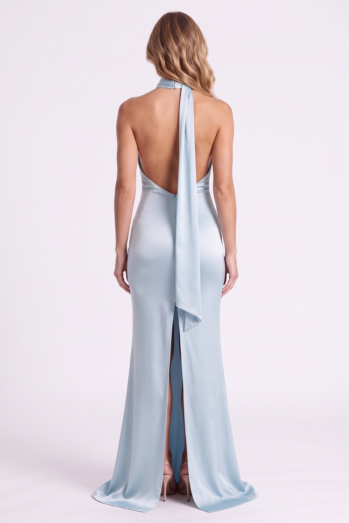 Aurelia Column Gown in Pale Blue, back view with knee-high slit