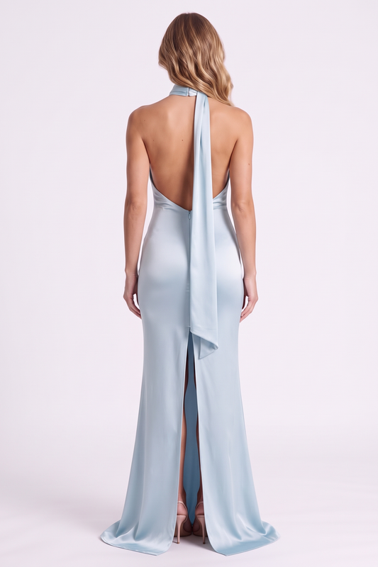Aurelia Column Gown in Pale Blue, back view with knee-high slit