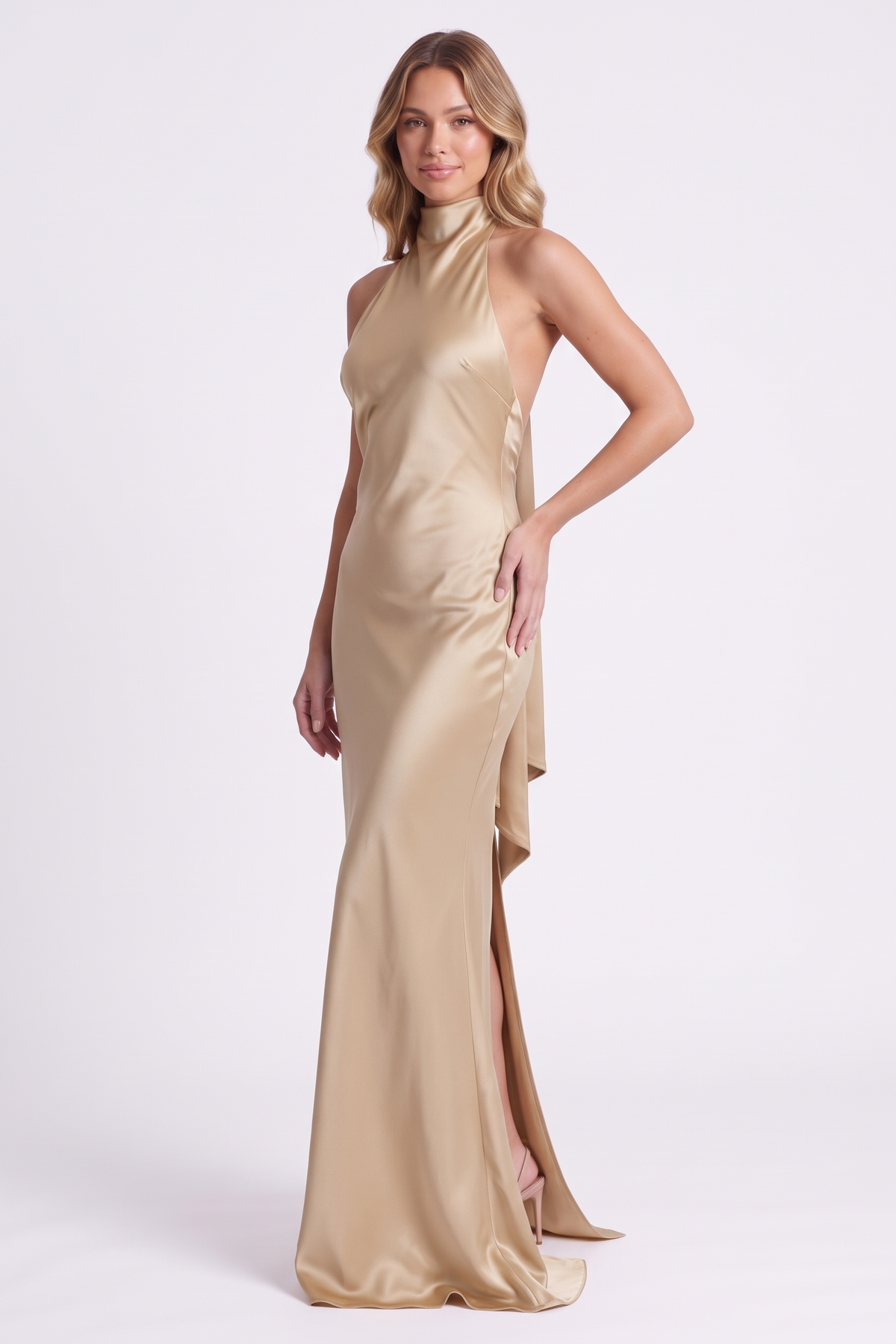 Aurelia Column Gown in Champagne Gold, angled view