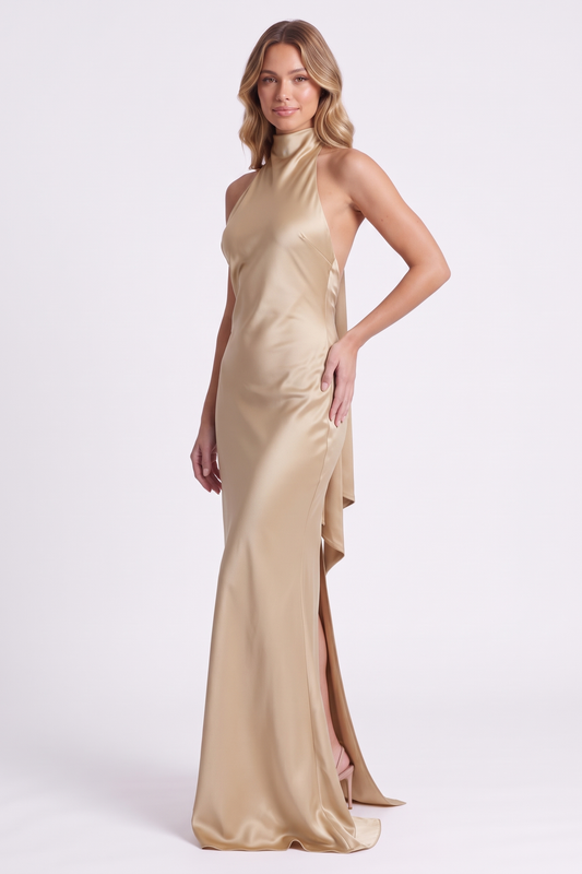 Aurelia Column Gown in Champagne Gold, angled view