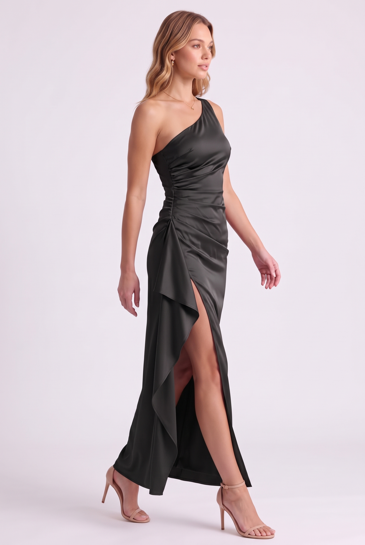 Serena One-Shoulder Satin Gown in Black - three-quarter view