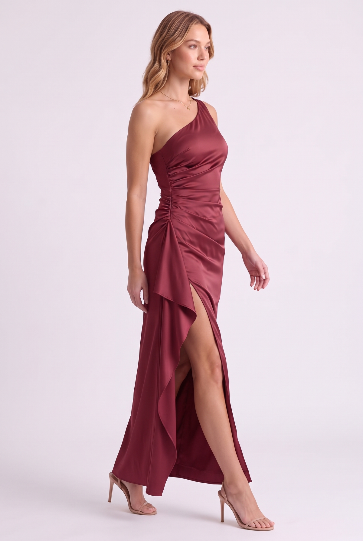 Serena One-Shoulder Satin Gown in Wine Red - three-quarter view