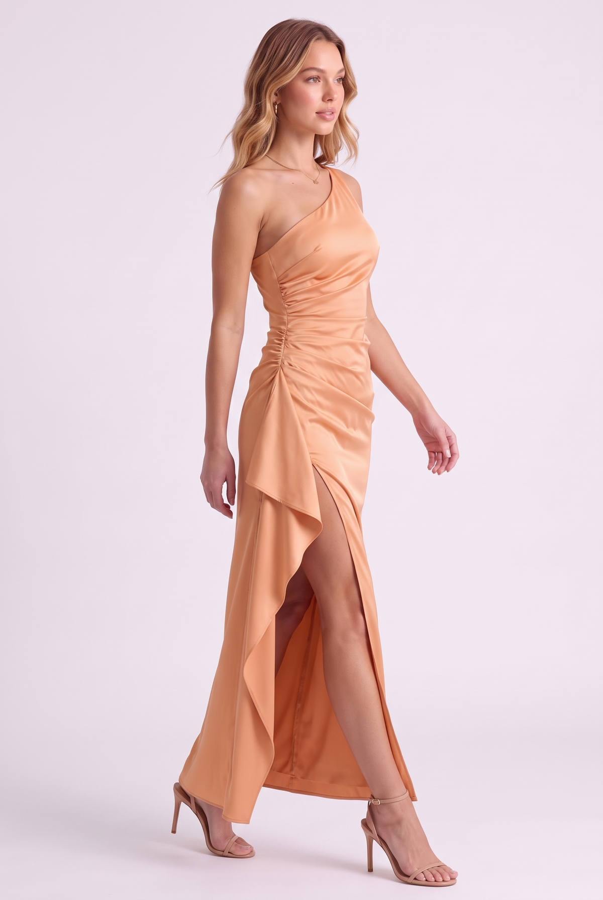 Serena One-Shoulder Satin Gown in Apricot - three-quarter view