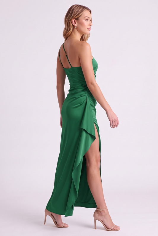 Serena One-Shoulder Satin Gown in Green - three-quarter view