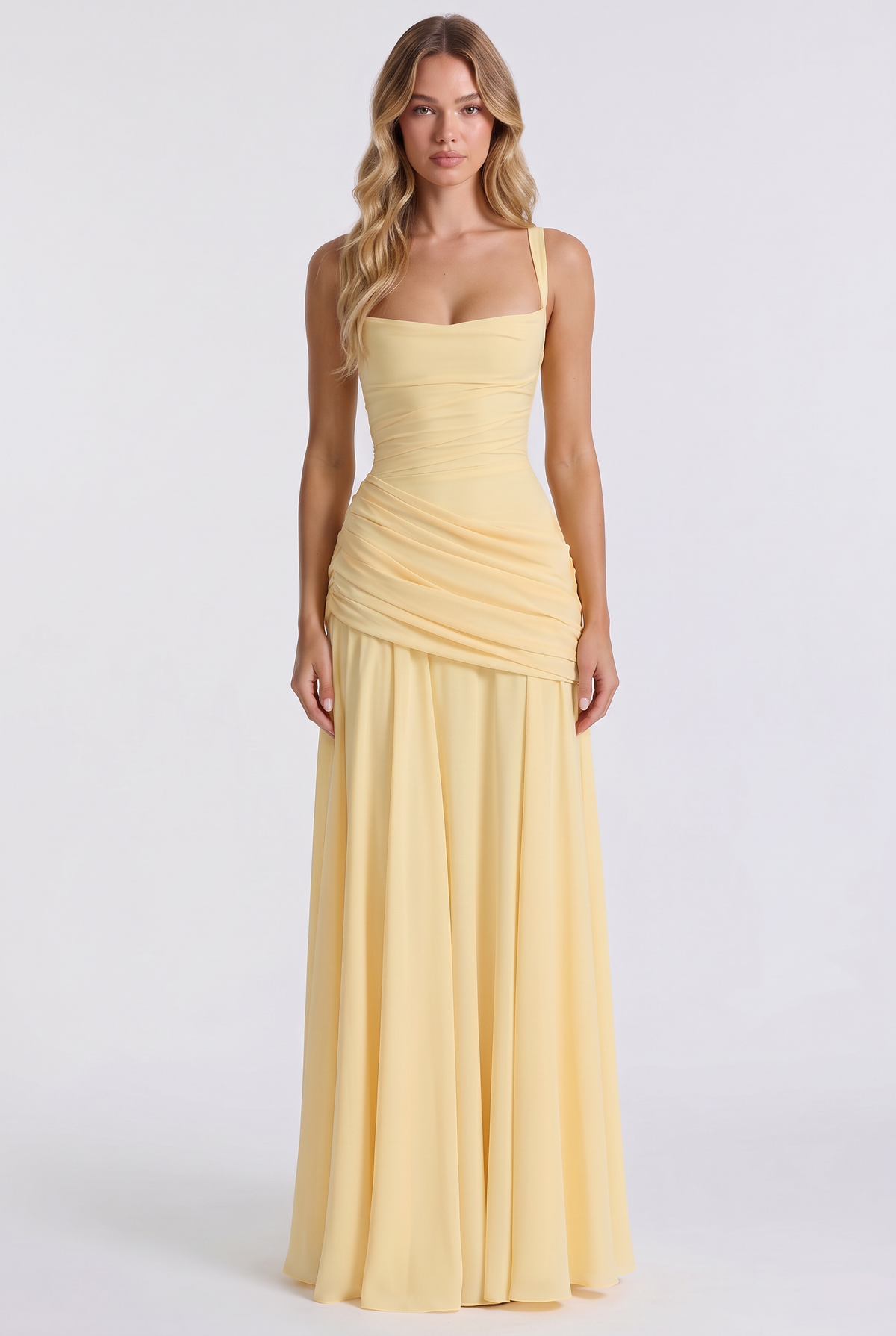 Annabelle Ruched Drape Maxi Dress in Yellow - front view