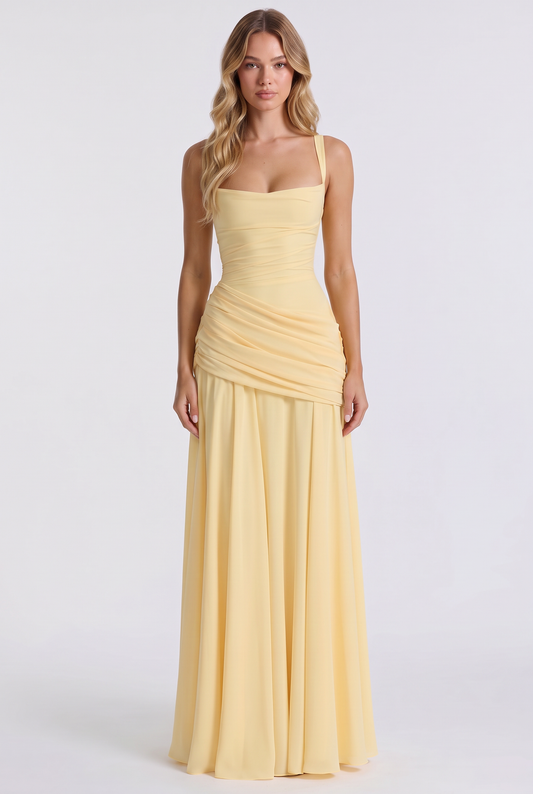 Annabelle Ruched Drape Maxi Dress in Yellow - front view