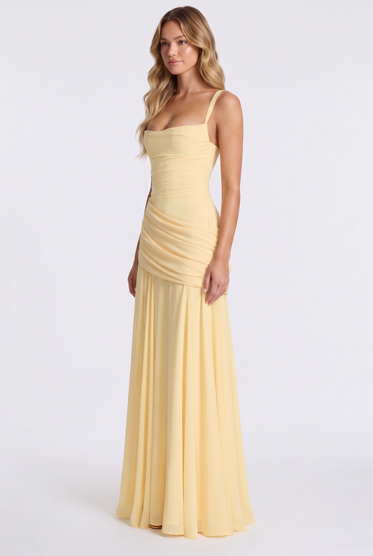 Annabelle Ruched Drape Maxi Dress in Yellow - three-quarter view