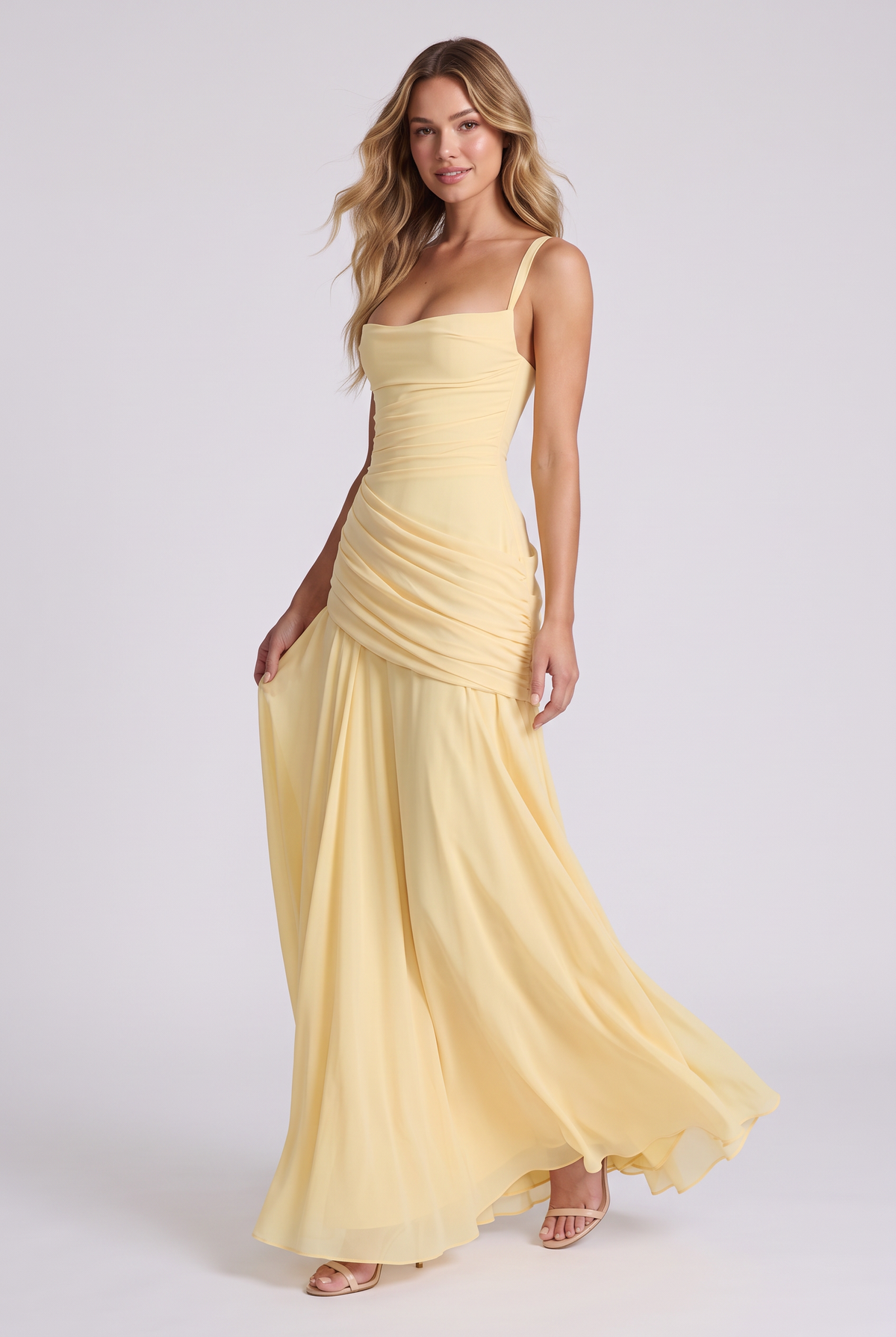 Annabelle Ruched Drape Maxi Dress in Yellow - walking three-quarter view