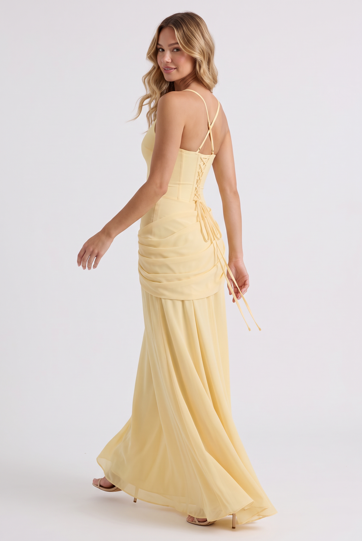 Annabelle Ruched Drape Maxi Dress in Yellow - over-the-shoulder back view