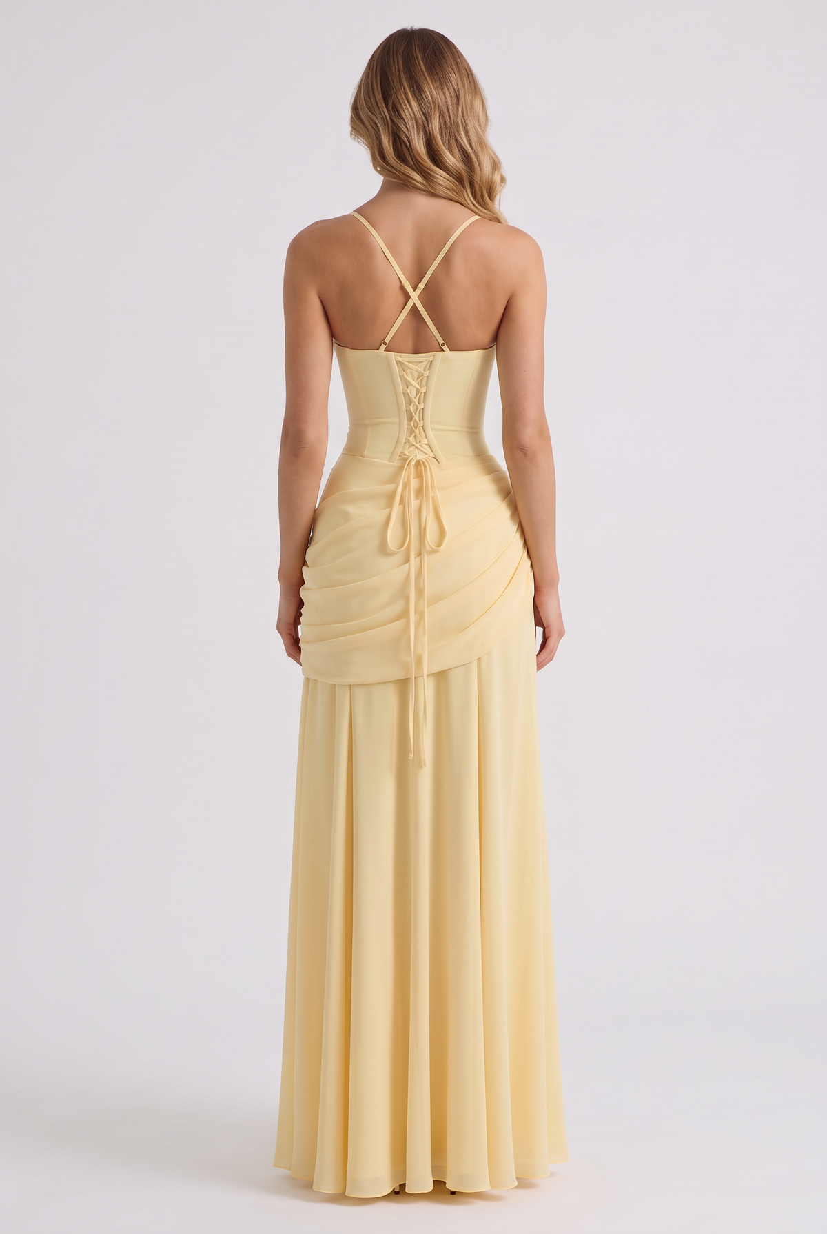 Annabelle Ruched Drape Maxi Dress in Yellow - back view