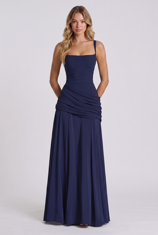 Annabelle Ruched Drape Maxi Dress in Navy - front view