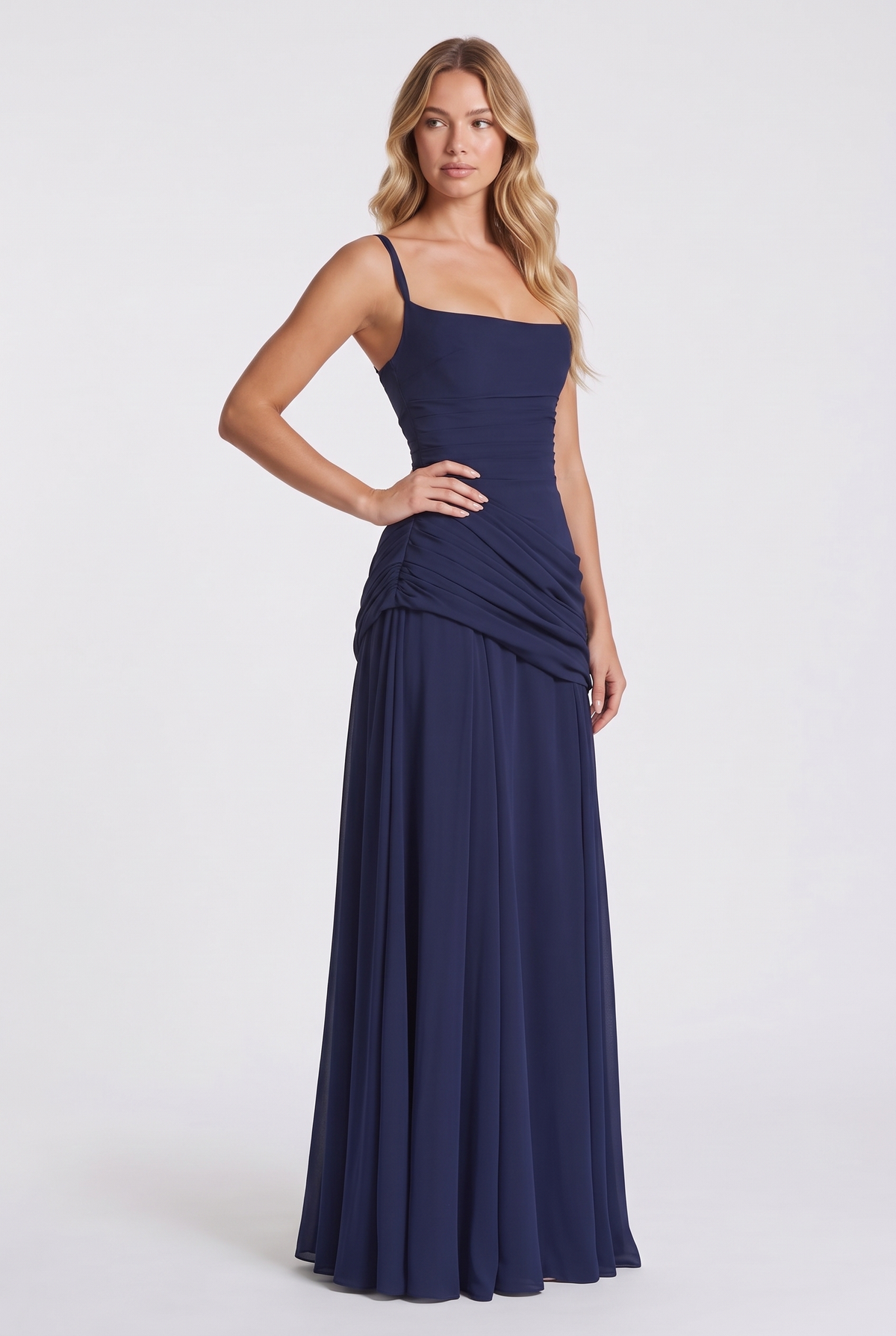 Annabelle Ruched Drape Maxi Dress in Navy - three-quarter view