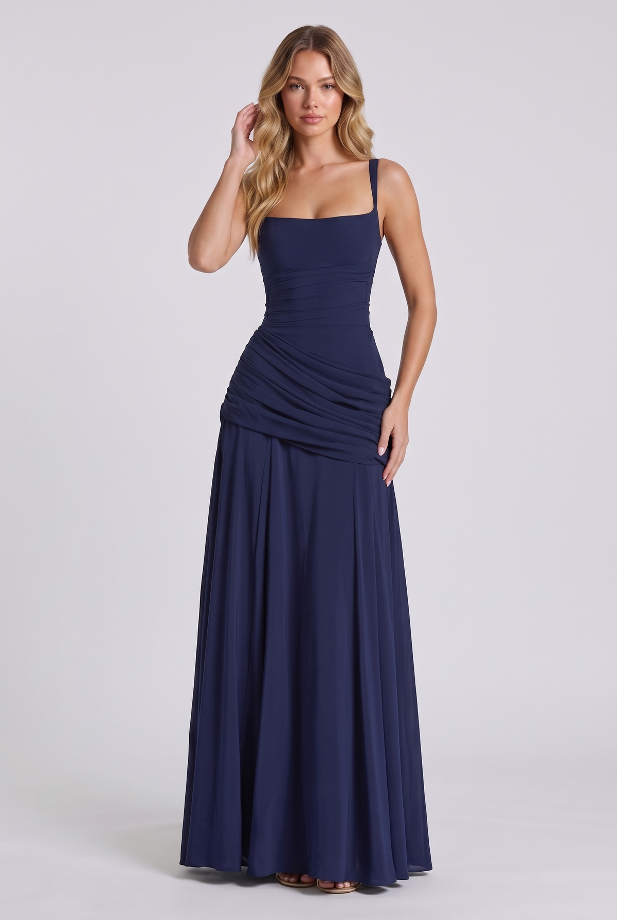 Annabelle Ruched Drape Maxi Dress in Navy - front view, hand in hair