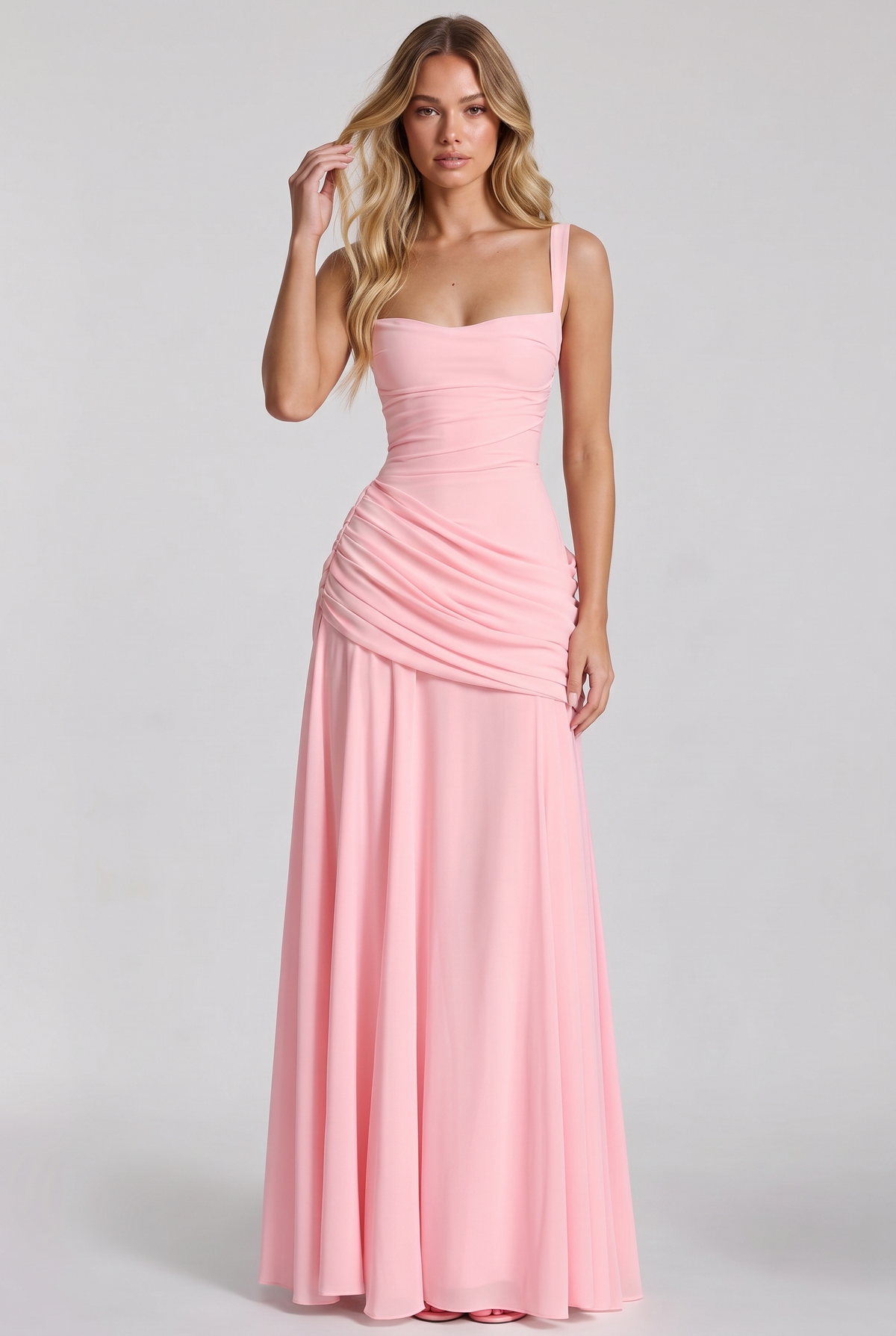 Annabelle Ruched Drape Maxi Dress in Pink - front view, hand in hair