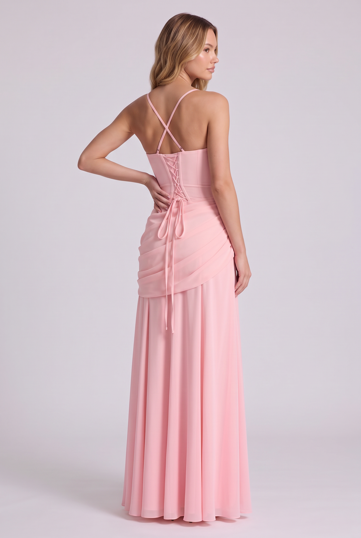 Annabelle Ruched Drape Maxi Dress in Pink - back view