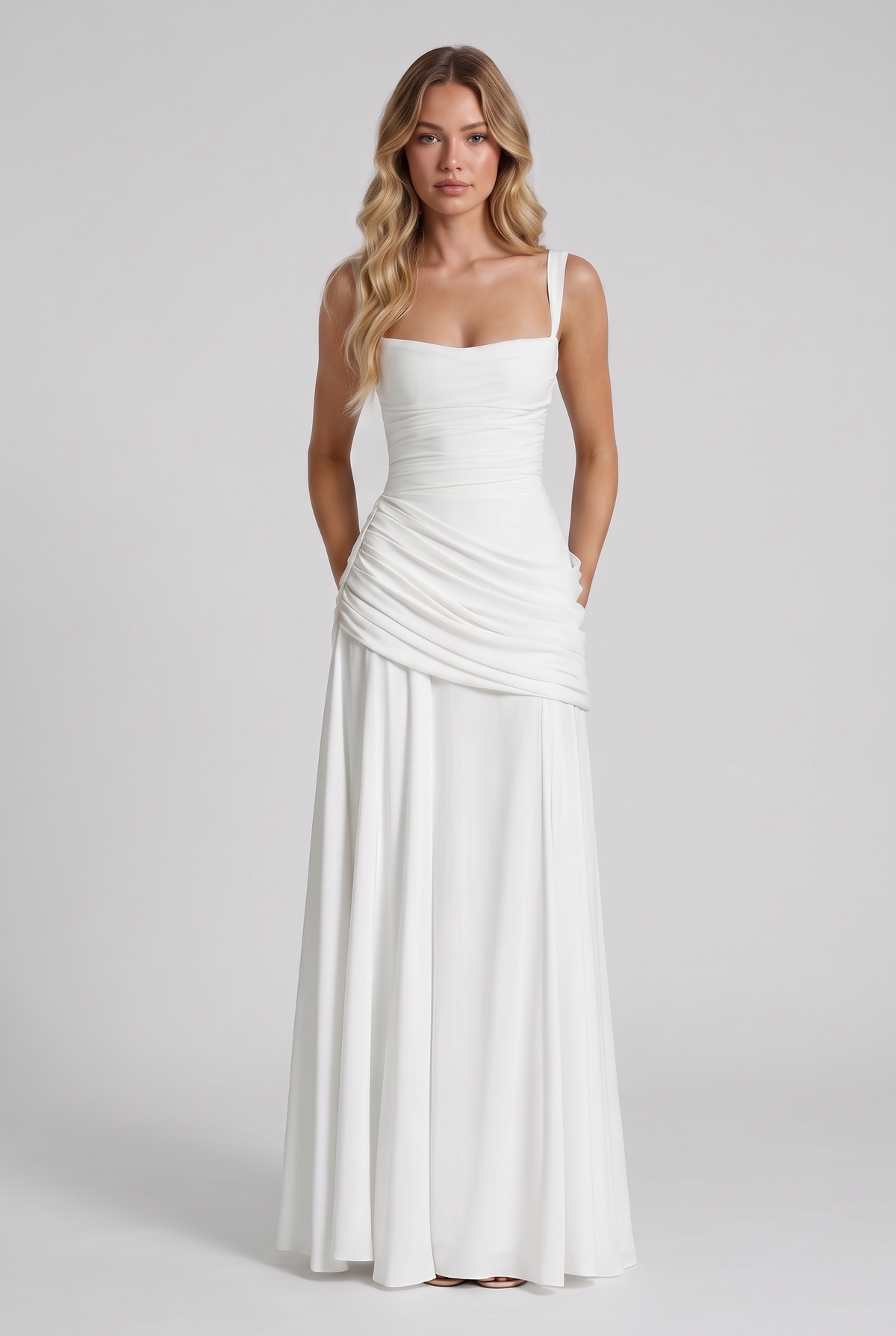 Annabelle Ruched Drape Maxi Dress in White - front view