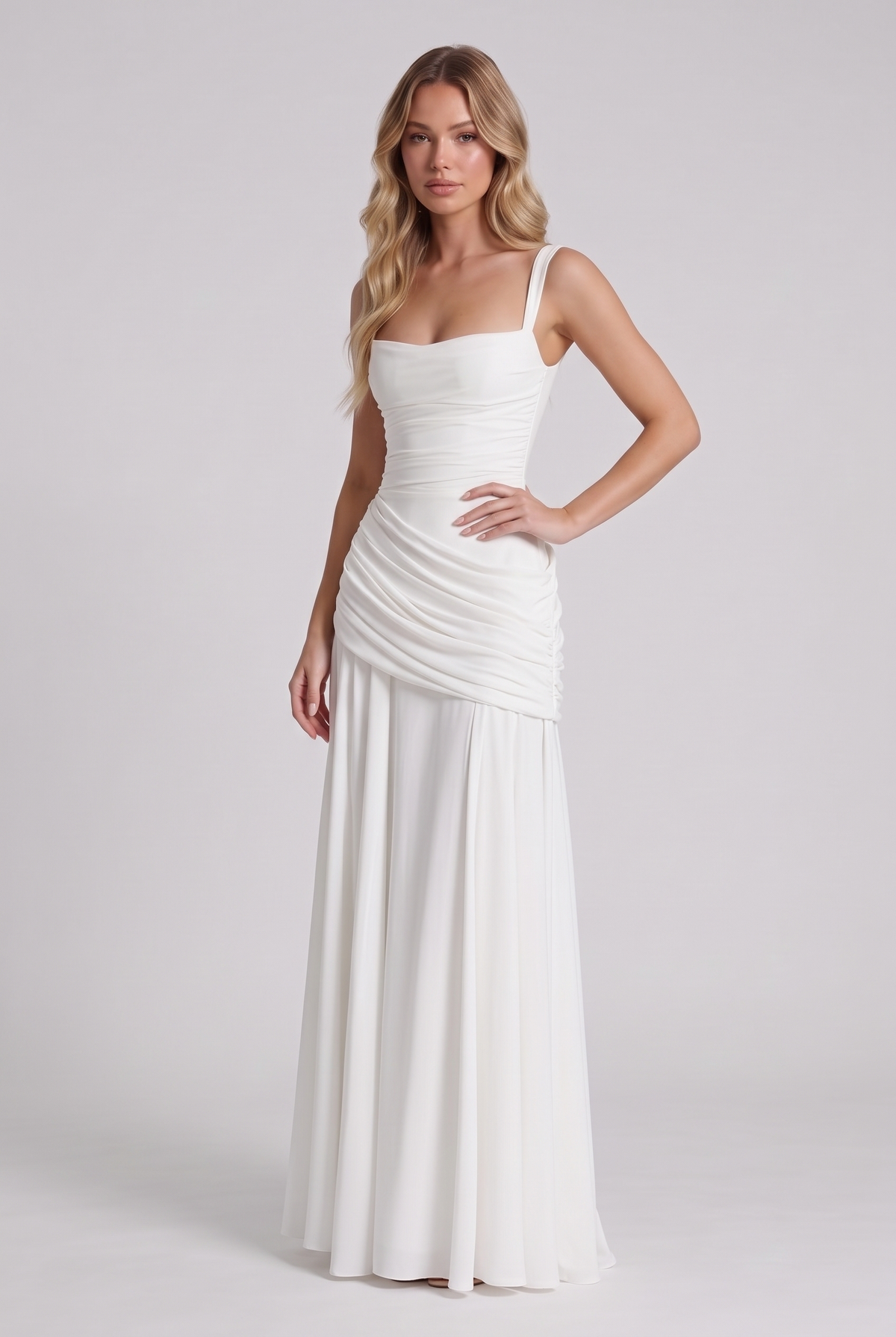 Annabelle Ruched Drape Maxi Dress in White - three-quarter view