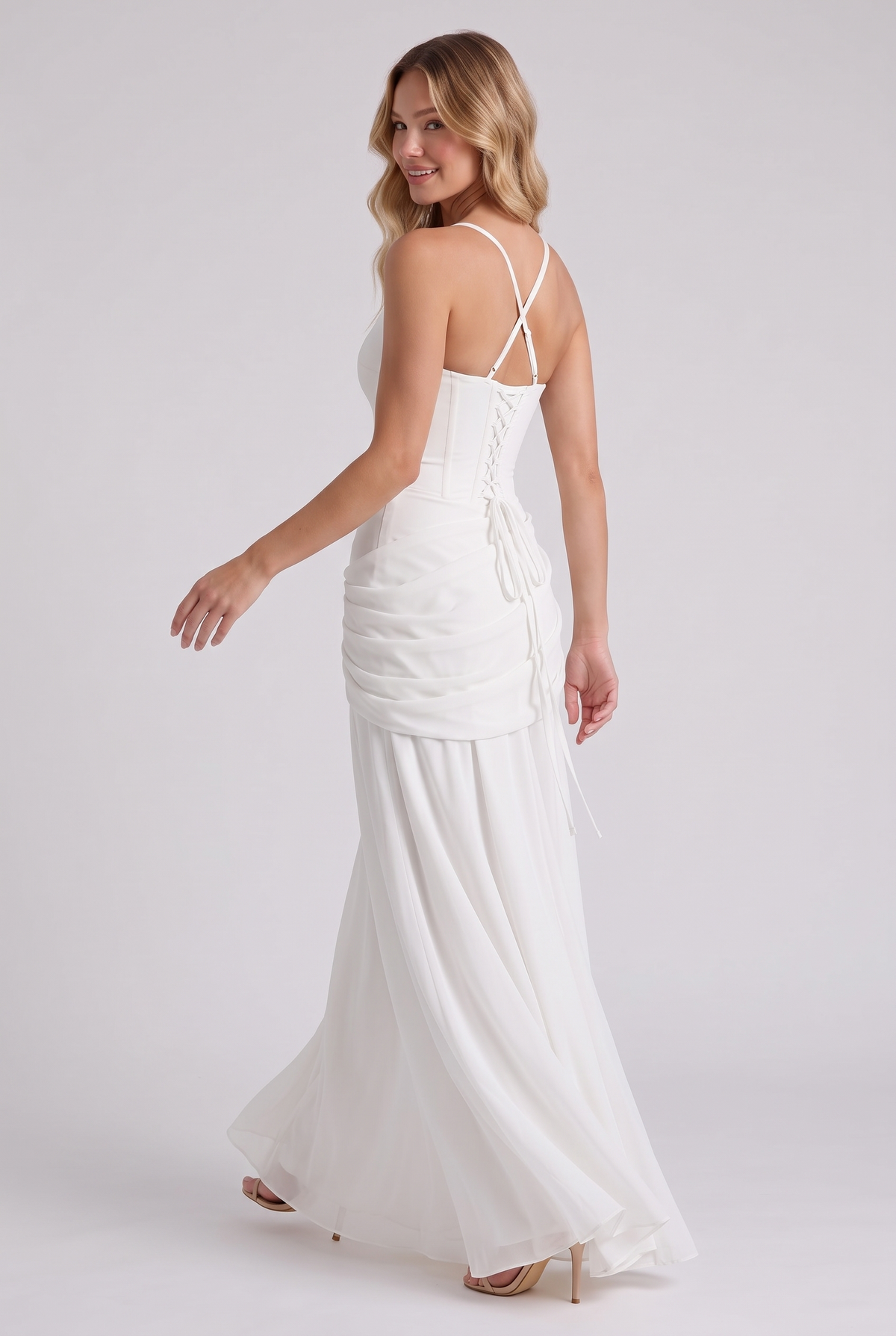 Annabelle Ruched Drape Maxi Dress in White - back three-quarter view