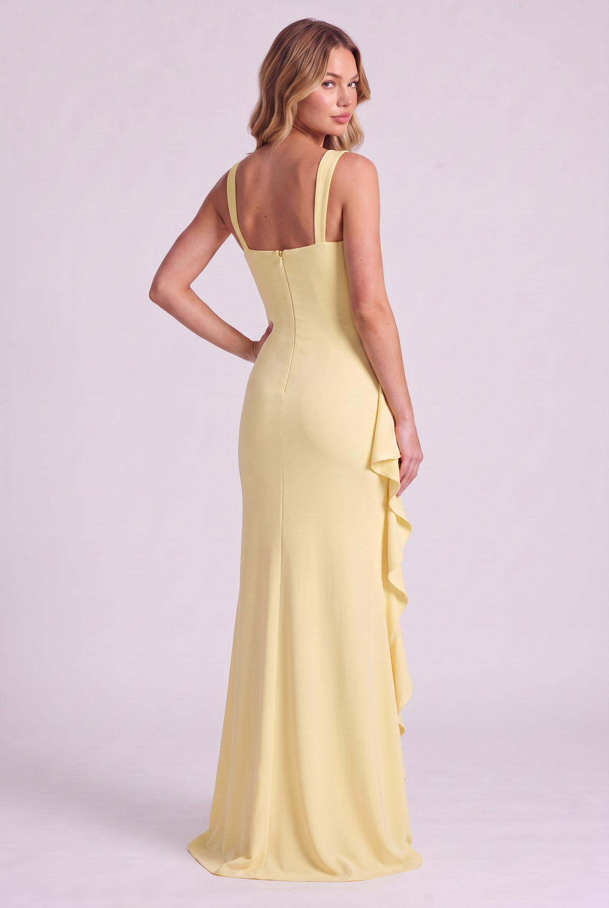 Sloane Open Back Slit Maxi Dress in Lemon - back view