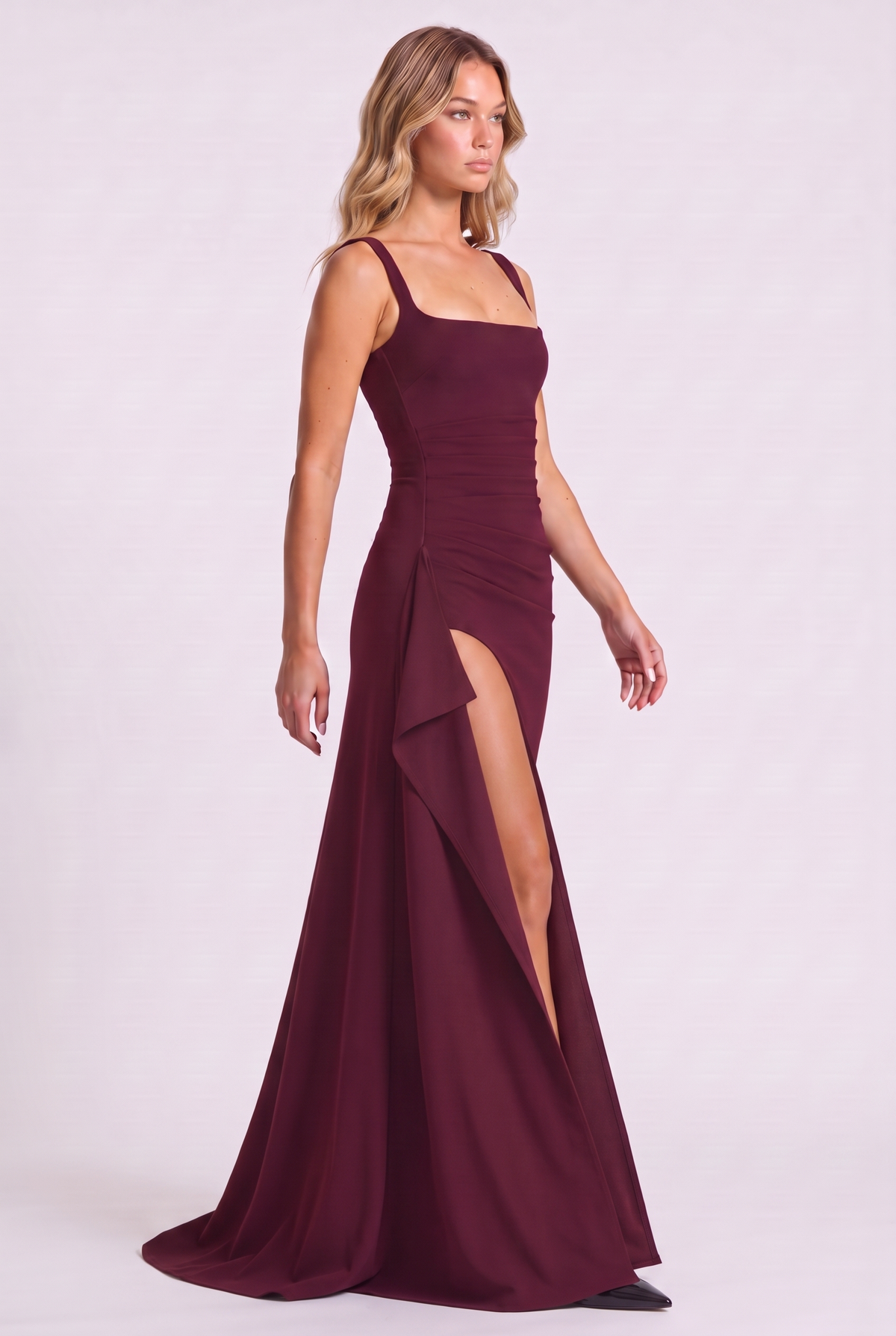 Sloane Open Back Slit Maxi Dress in Cherry - three-quarter view