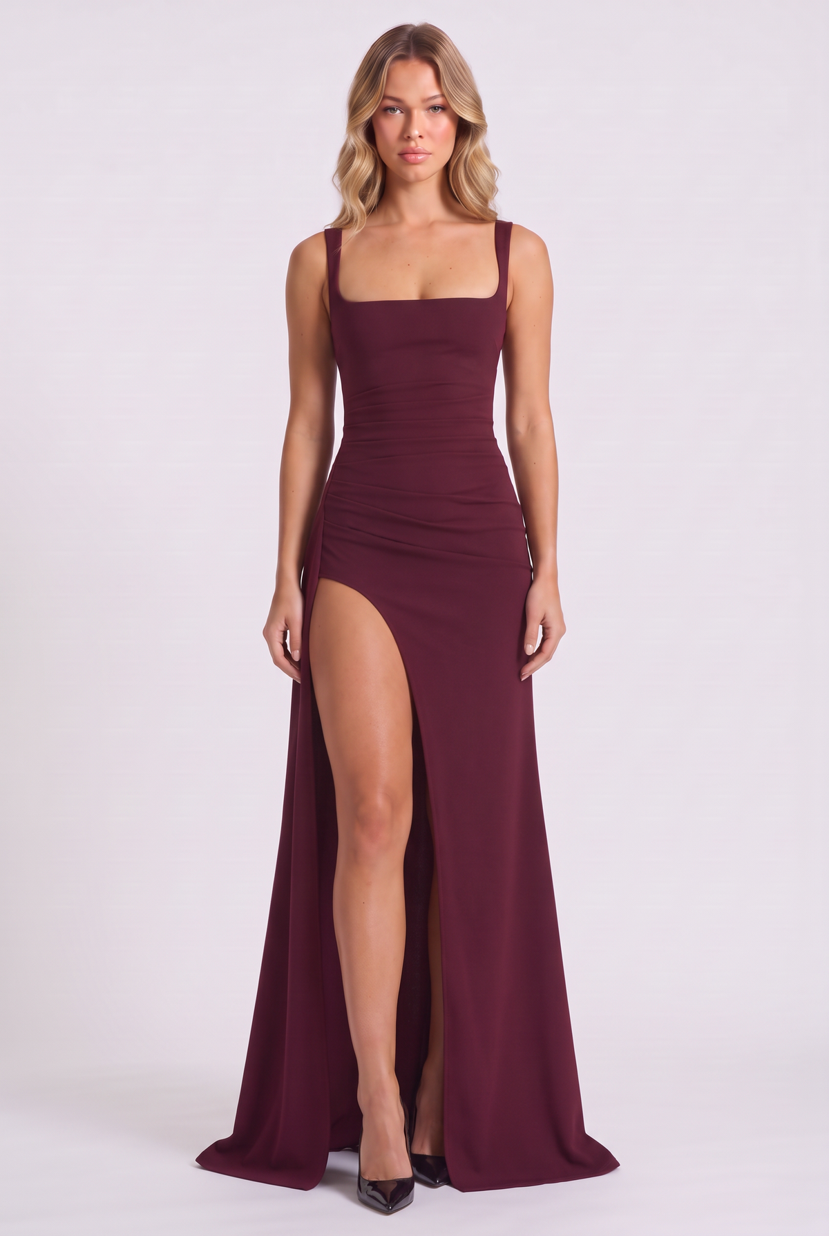 Sloane Open Back Slit Maxi Dress in Cherry - front view walking
